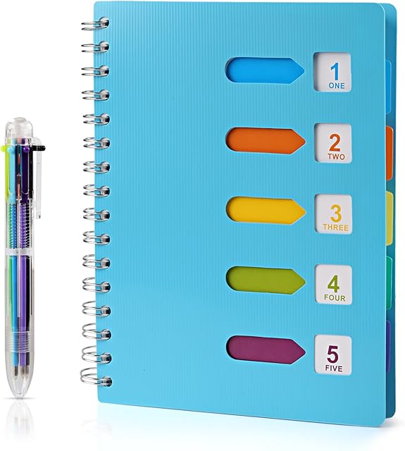 Kesote Lined Notebook with Multicolor Pen, 120 Pages A5 Journal with 5 Colored Tab& 6-in-1 Retractable Ballpoint Color Pen