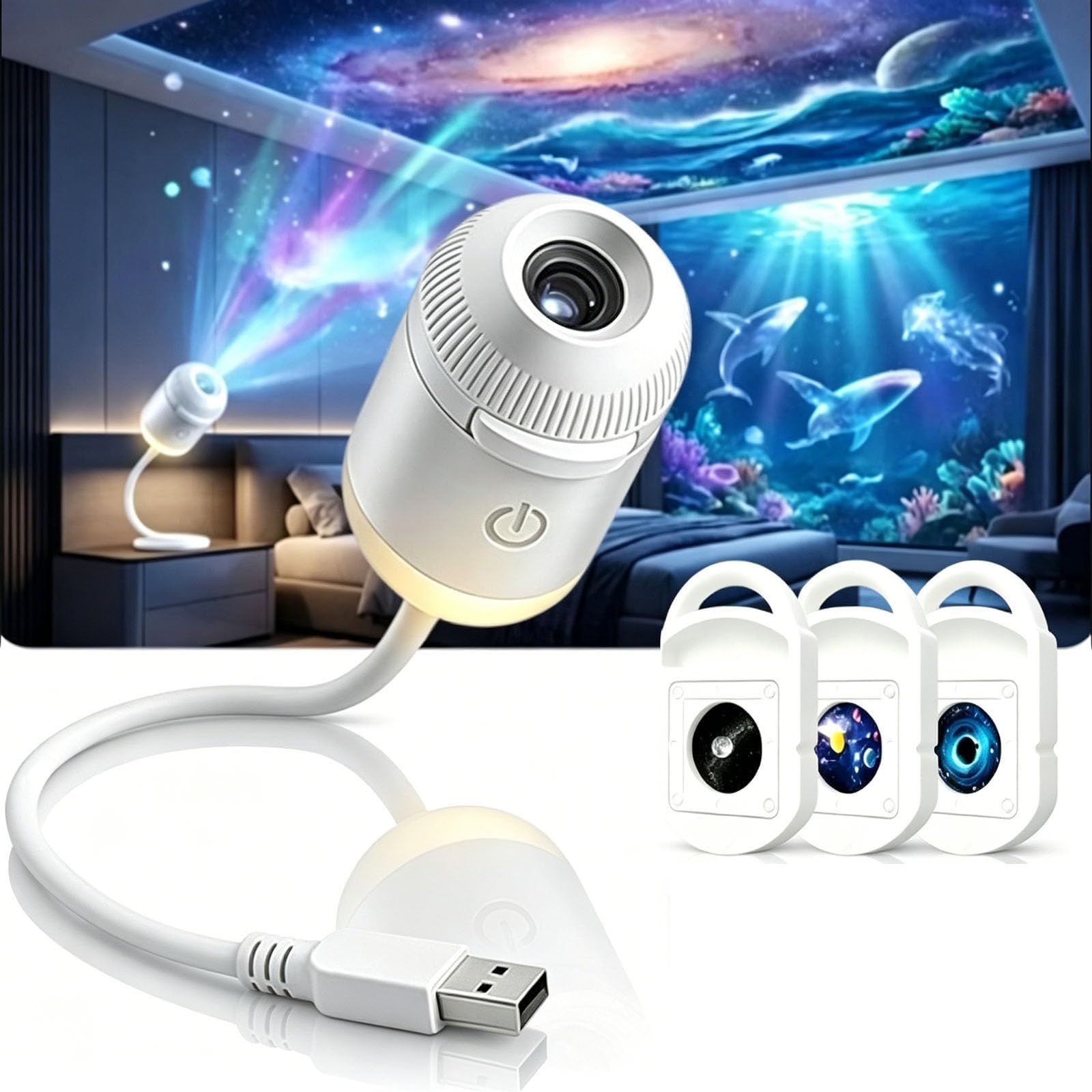 OWSEN 2026 New Hd Smart Dynamic 5d Holographic Night Light Projector,Plug and Play Hd Star Projector,360° Adjustable Hd Galaxy and Ocean Projector,2-in-1 Galaxy Projector Night Light (with 3 Films)
