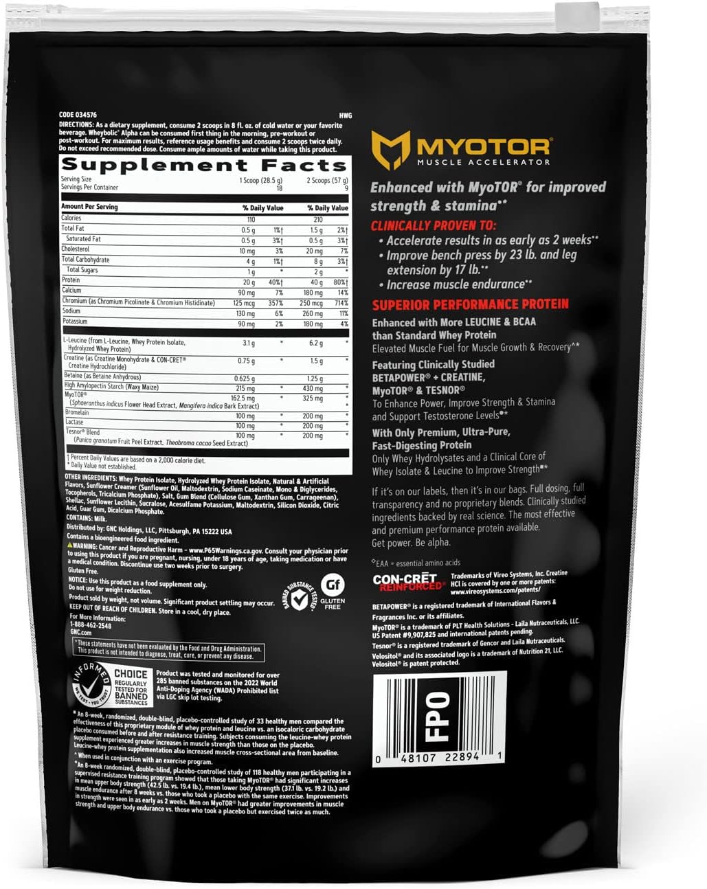 GNC AMP Wheybolic Alpha with MyoTOR Protein Powder | Targeted Muscle Building and Workout Support Formula with BCAA | Supports Testosterone Levels | 40g Protein | 9 Servings | Classic Vanilla