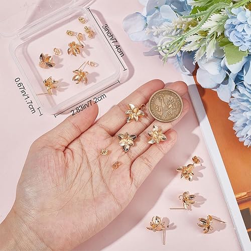 Miniatura 3 de Beebeecraft 1 caja de 14 piezas de aretes de flor chapados en oro de 18 quilates tridimensionales con lazo y parte trasera para hacer joyas