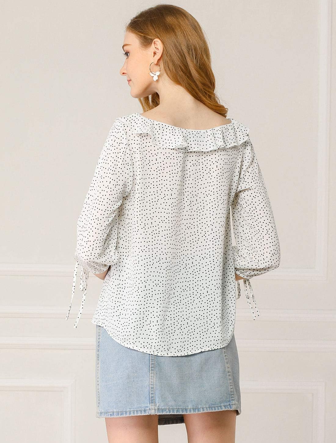 Allegra K Women's Ruffled Collar Polka Dots Shirt 3/4 Sleeve Vintage Blouse - Image 5