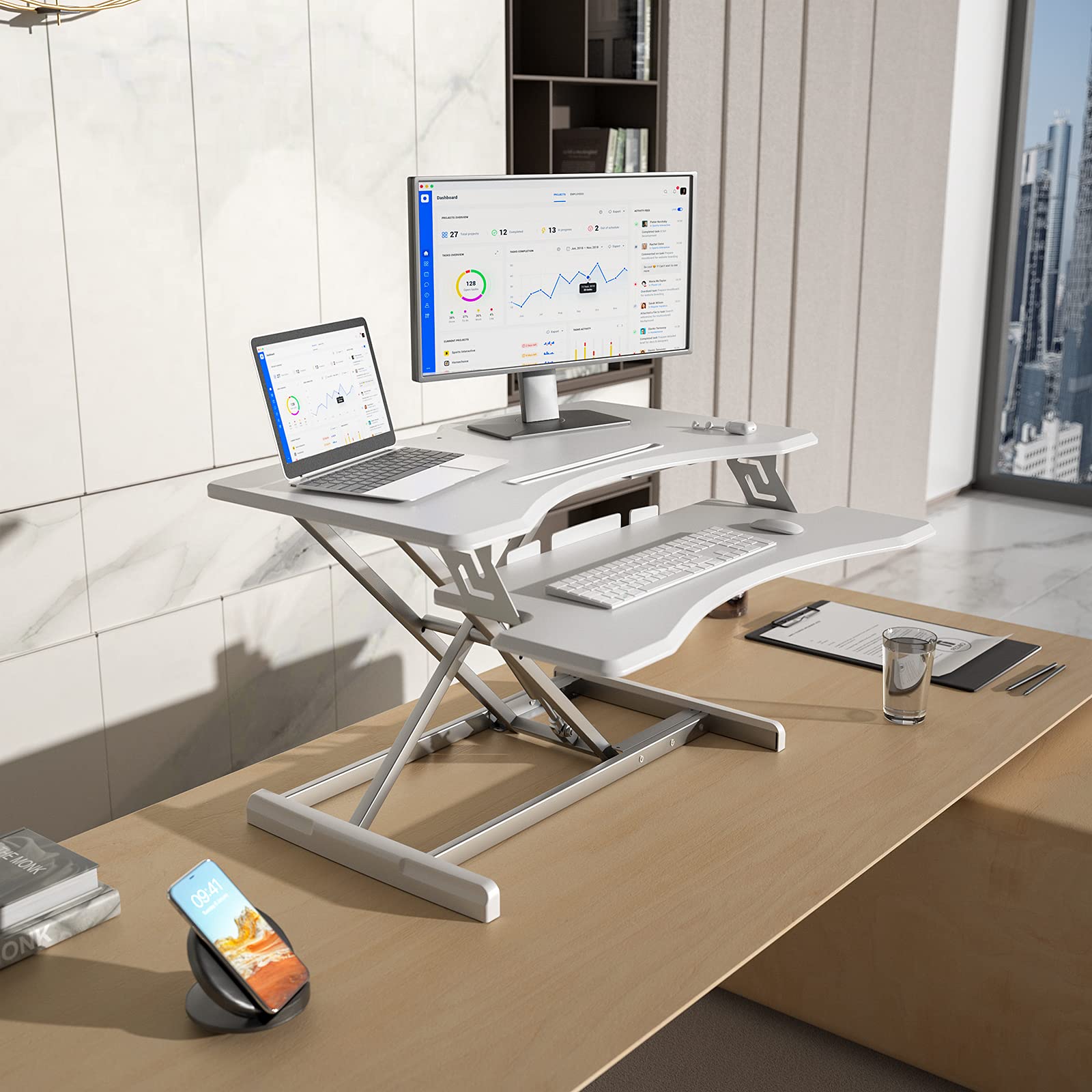 FEZIBO Height Adjustable Stand up Desk Converter 34 inches Desk Riser