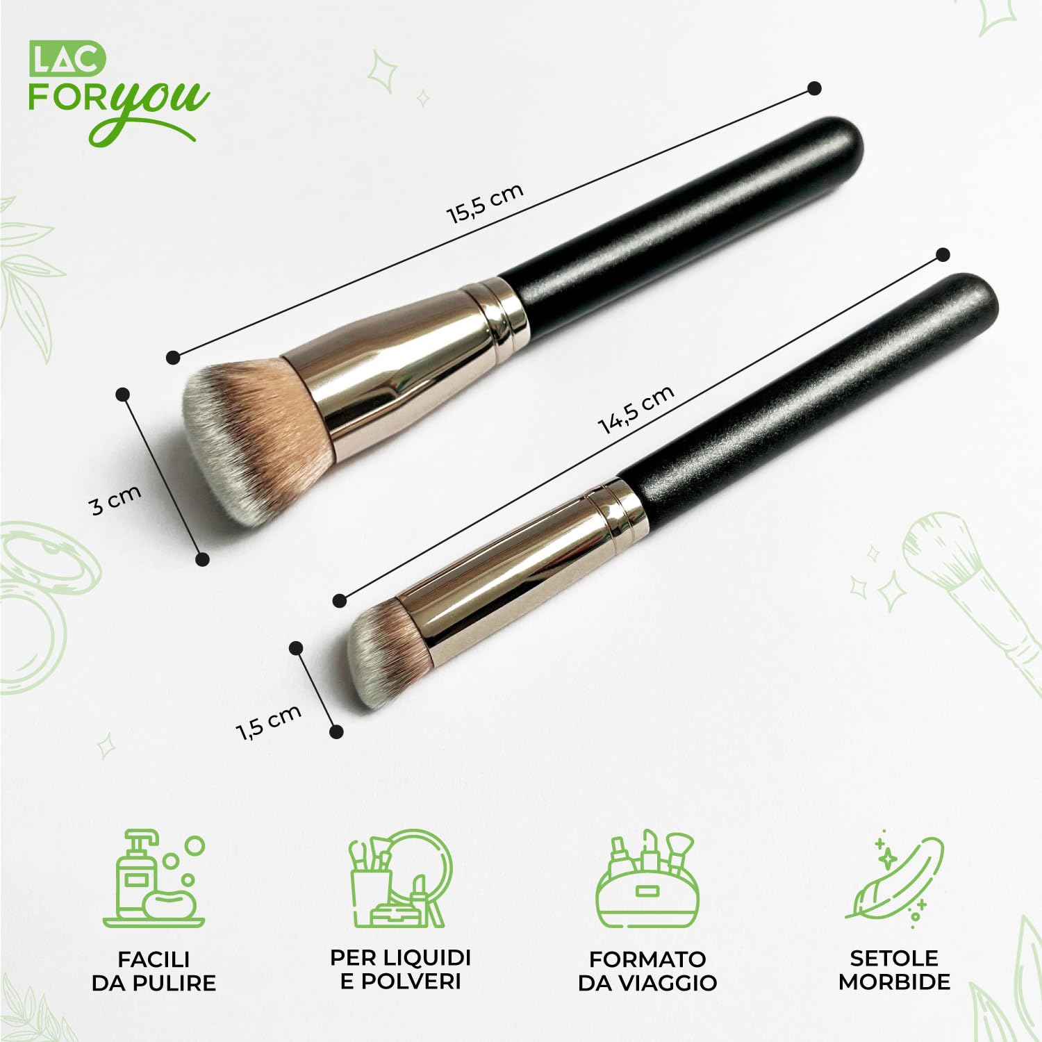LAC FOR YOU Set 2 Pennelli Fondotinta & Correttore – Pennello Fondotinta Obliquo a Setole Dense e Pennello Correttore Precisione Occhiaie – Manico Cilindrico Ergonomico