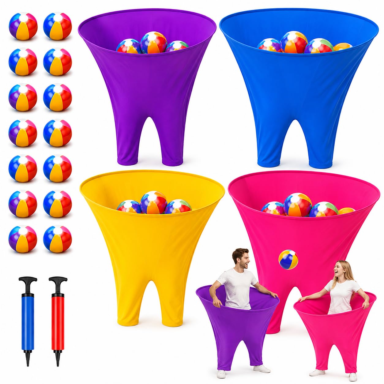 Granny Pants Partyspiel-Set für 8+ Spieler, 4-farbige Team-Hinterhof-Spiele mit 16 Hüpfbällen und 2 Pumpen – lustige Outdoor-Feldtag-Wurfspiele für Erwachsene, Kinder, Familientreffen, Grillparty