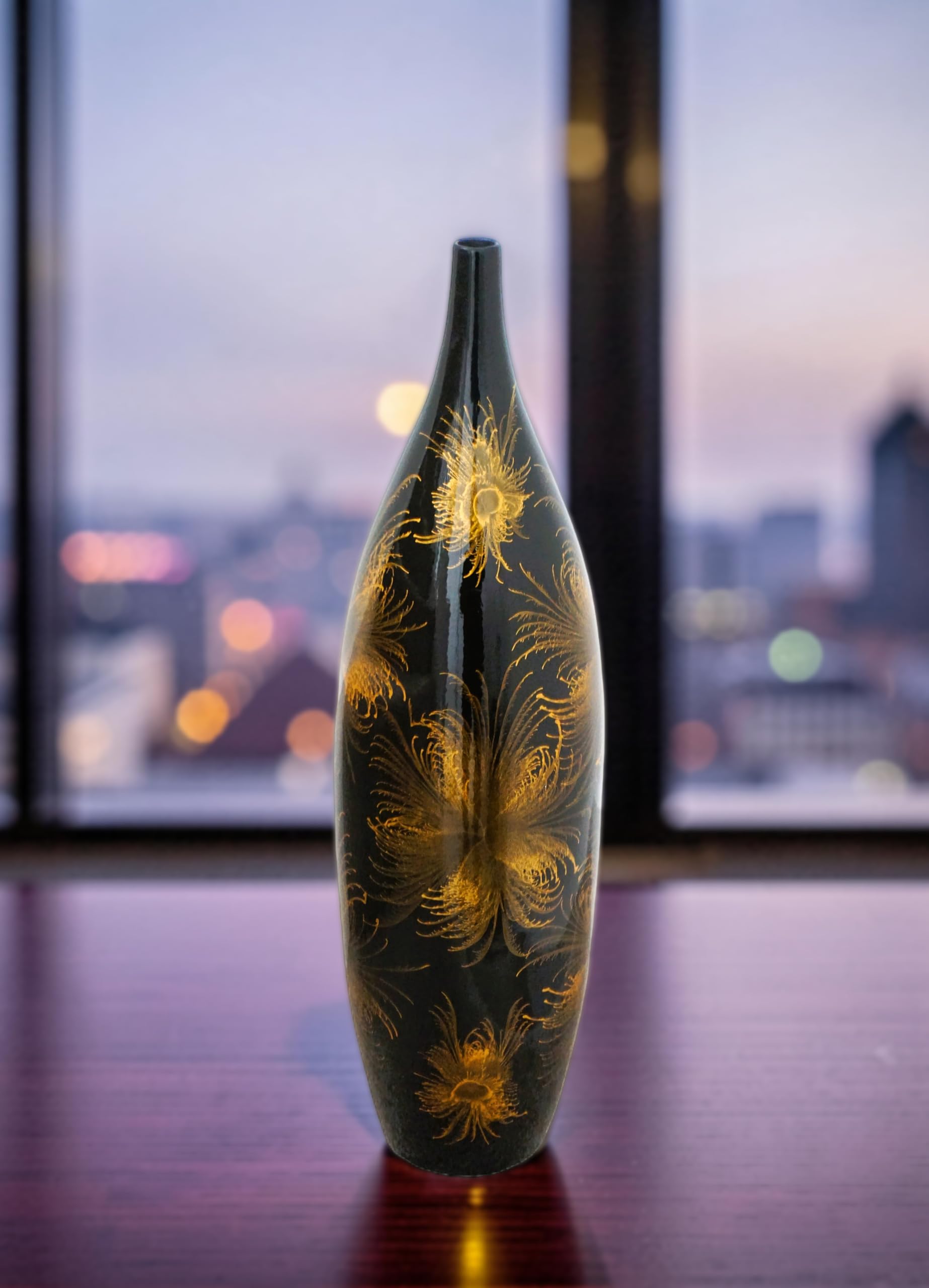 Elegante jarrón de cerámica negro con diseño de fuegos artificiales dorados, 51 cm, cuello estrecho, jarrón decorativo para sala de estar moderna decoración del hogar
