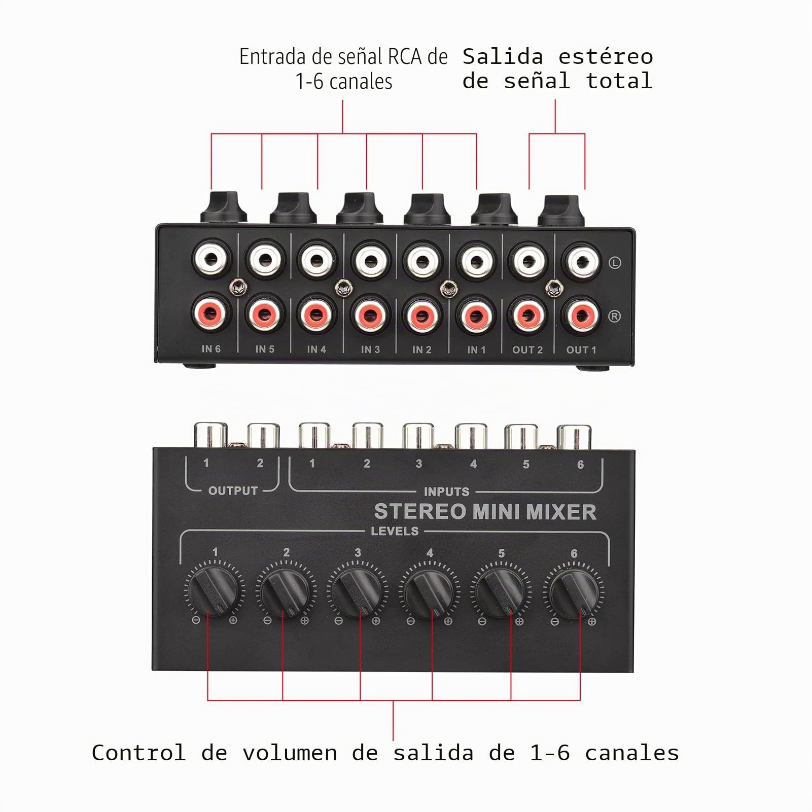 Mezclador Audio Pasivo Estéreo de 6 Canales RCA,Mini Mezclador de Audio Estéreo Interfaz de Audio, distribuidor estéreo de 6 entradas y 2 salidas, Controles de Volumen Separados para DJ/Karaoke
