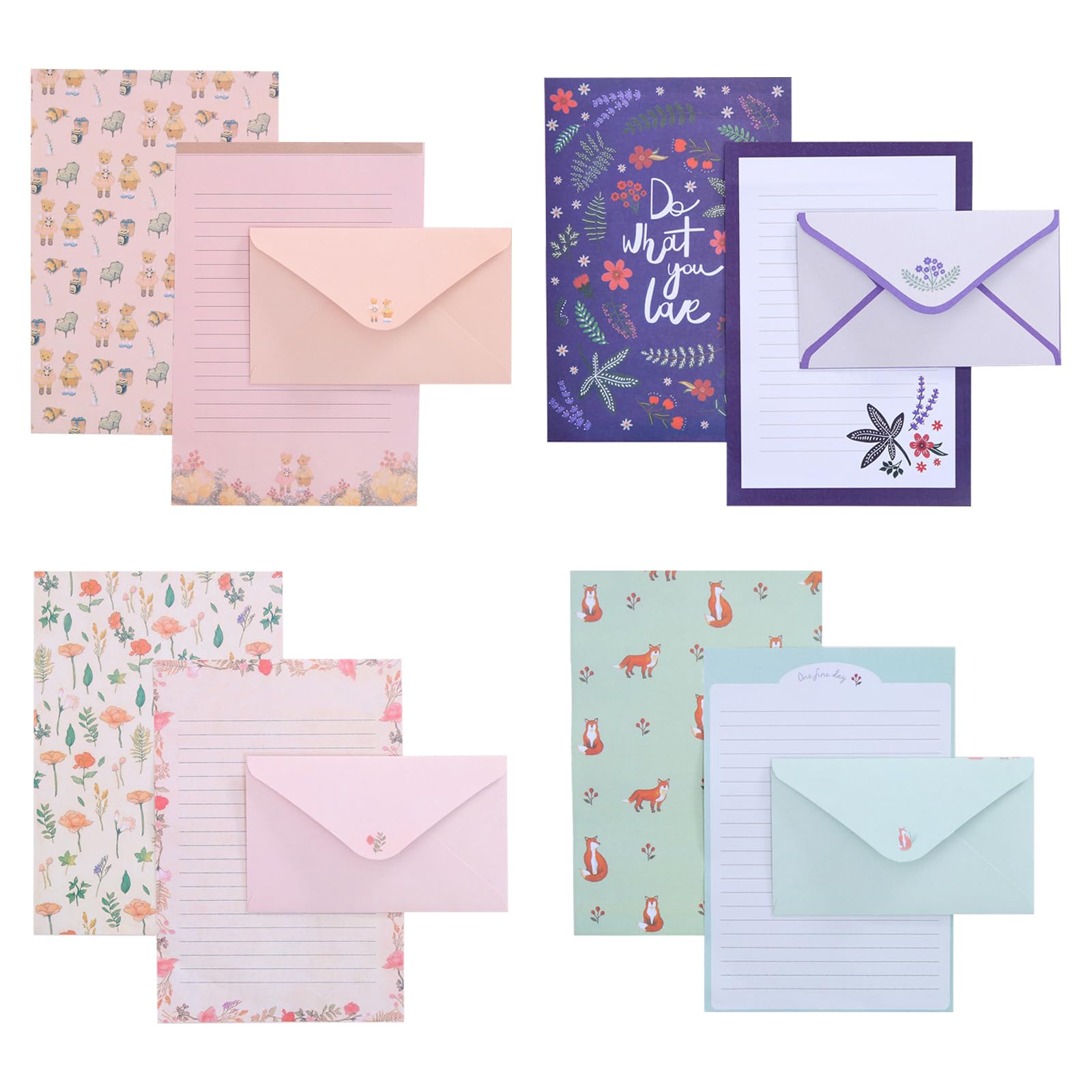 36 Pcs Letter Writing Set - 24 Writing Paper and 12 Envelopes - Animal and Floral Lined Stationery Set for Invitations Greeting Cards and Thank You Cards Love Notes Gifts