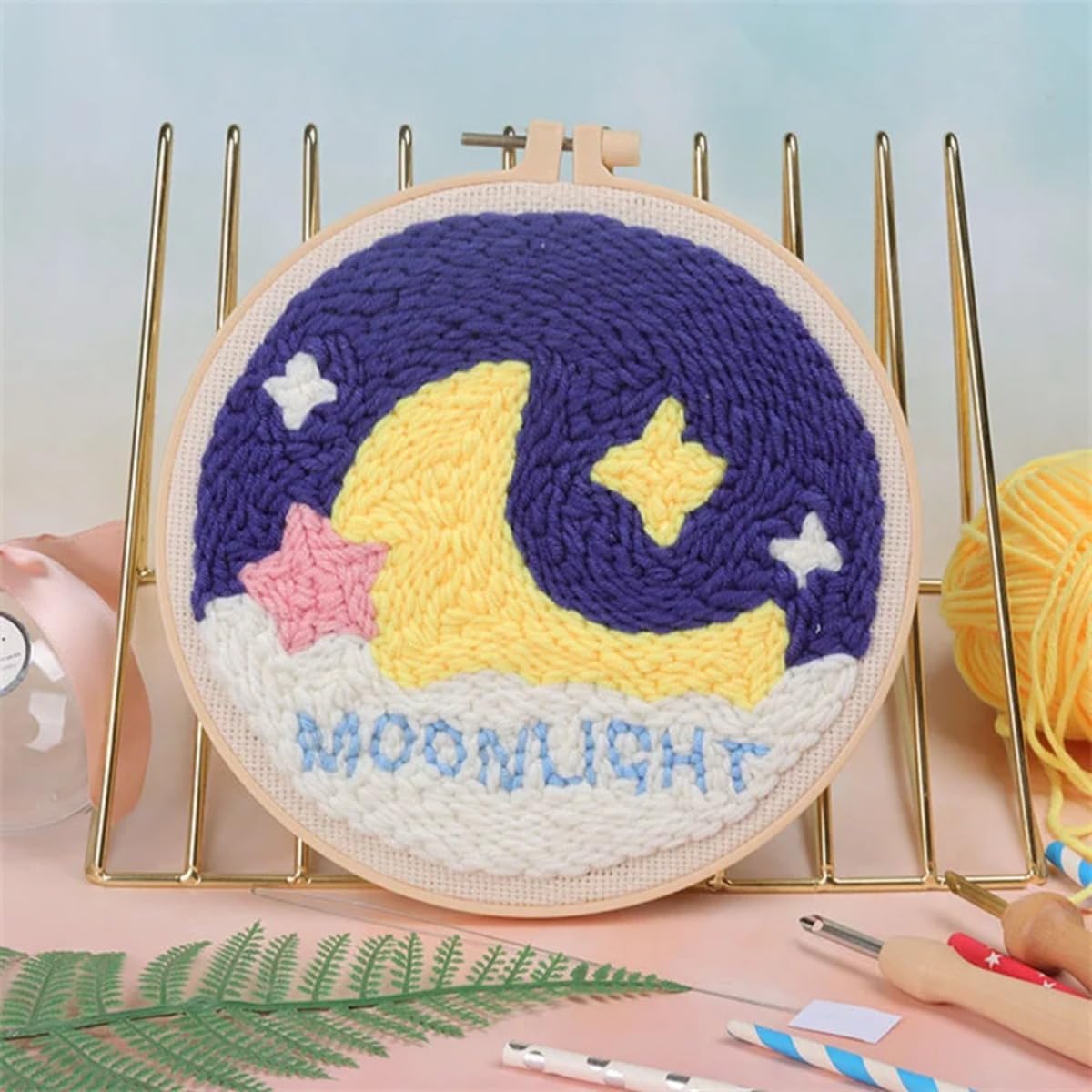 3 Sets Punch Needle Beginners Kits Moon Night Paintings Punch Needle Kits DIY Needlework Cartoon Pattern Poke Rug Hook Set with Frame Hoop and Instructions for Adults (Yellow)