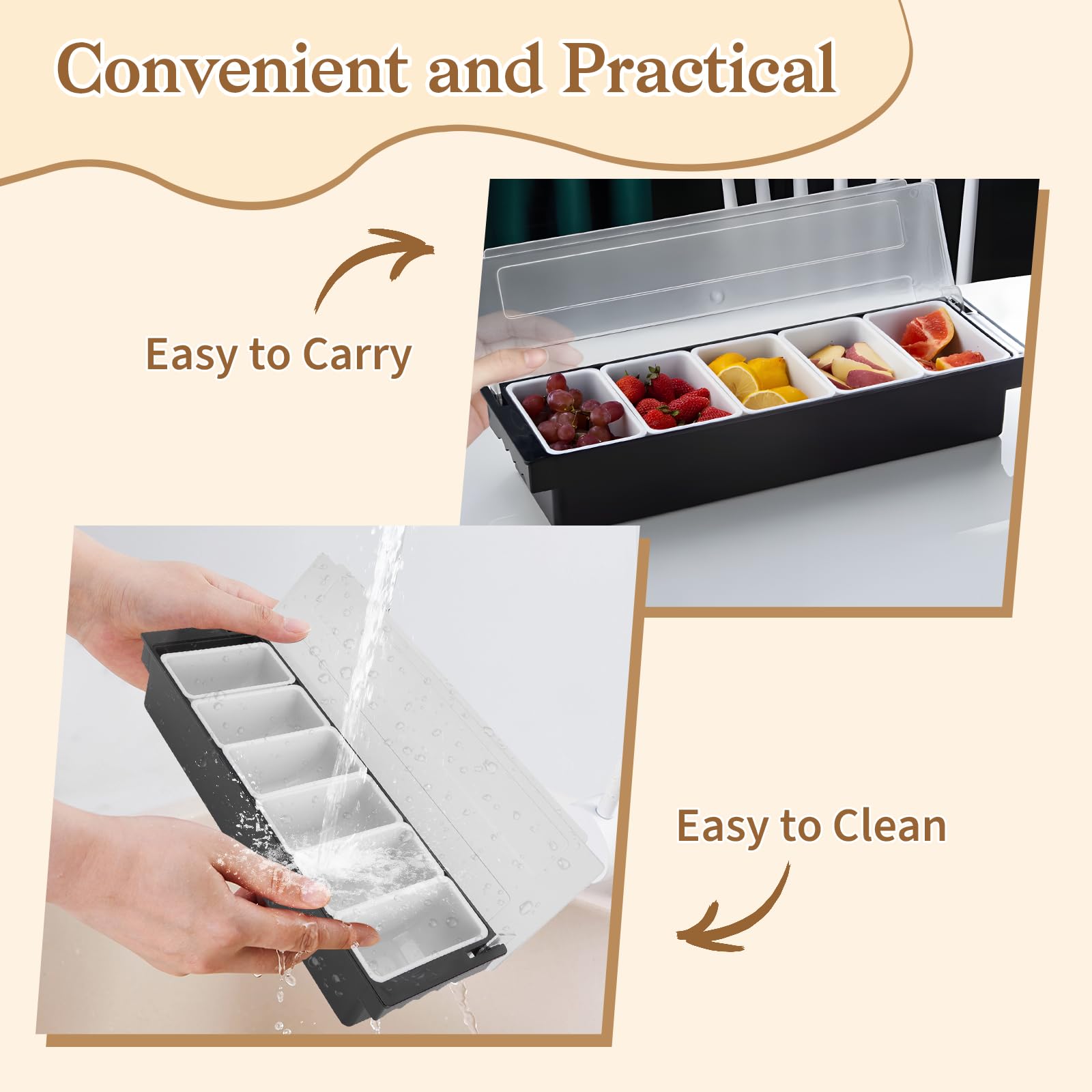 Buachois Serveur de Condiments, Distributeur de Condiments Transparent en Plastique, Couvercle Détachable Design Bar Fruit Caddy Container Tray avec Couvercle(6 Compartments)