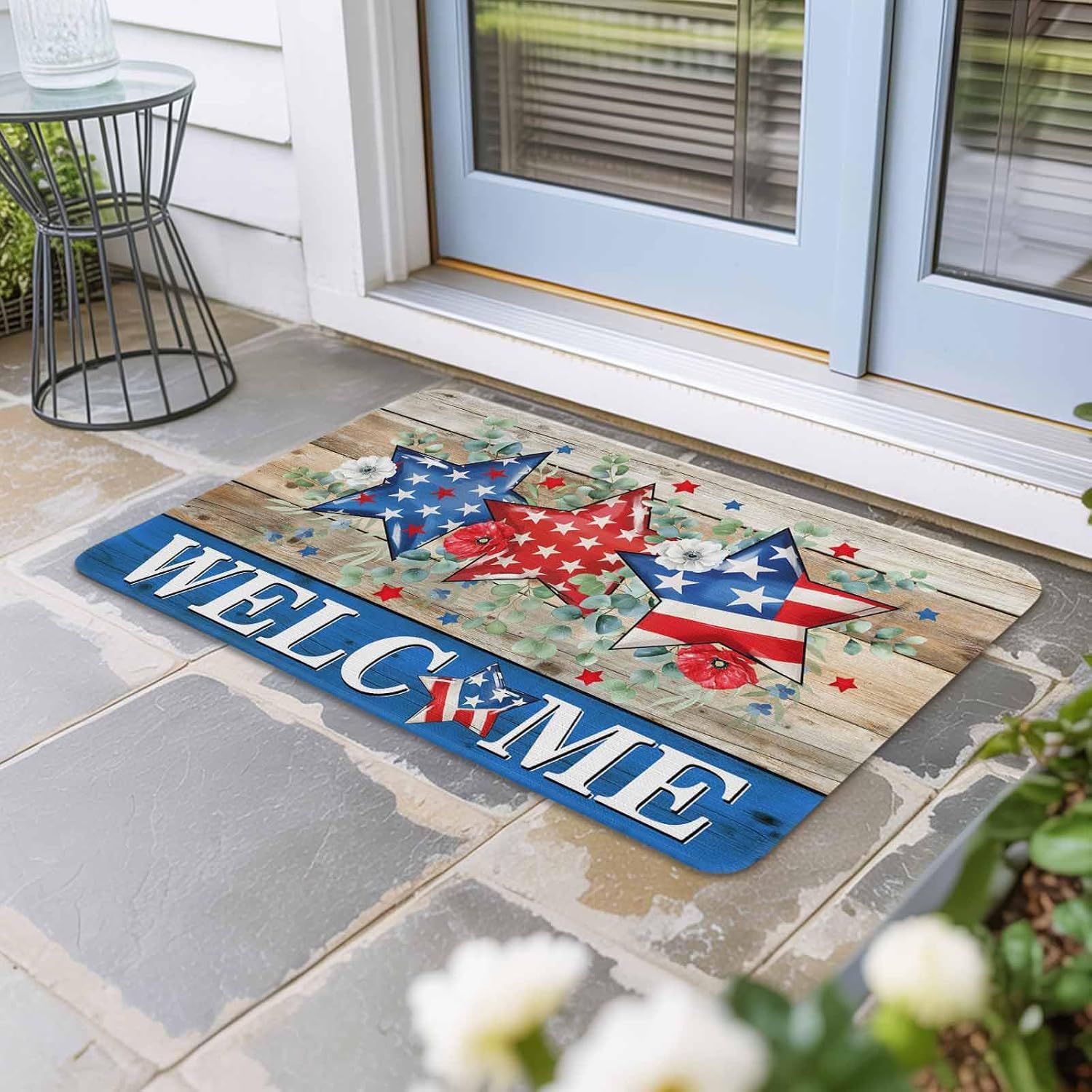4th of July Doormat Rugs Outdoor/Indoor Patriotic Memorial Day Non-Slip Entrance Welcome Mat for Front Door/Bathroom/Kitchen/Bedroom/Patio/Entryway Rug,16"x24", American Stars Summer Poppy Eucalyptus