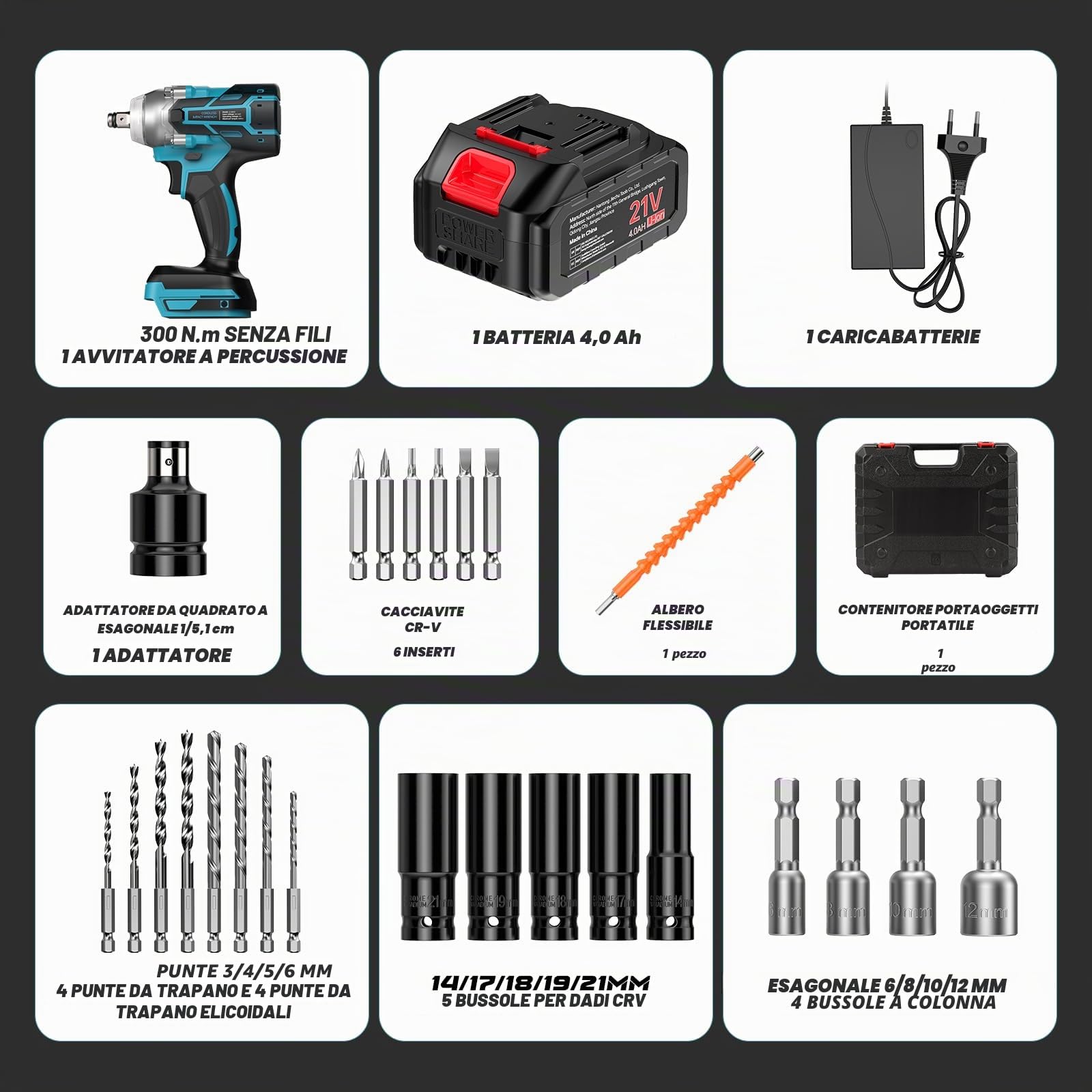 Ctalyn 21V Avvitatore a Impulsi Brushless, 300N.m 1/2 Pollice, Batteria 4000mAh, 6 Prese, Motore Senza Spazzole, Alta Capacità di Foratura per Metalli