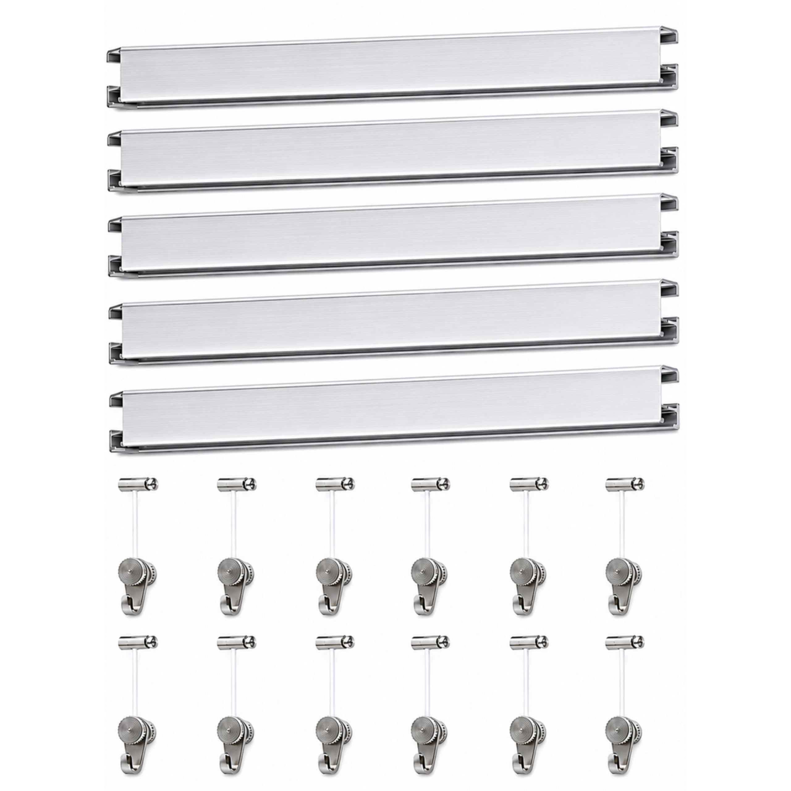 riel colgar cuadros pack 9 metros Eurohang guías aluminio Plata mate 150 cm con 12 colgadores RM nylon clips tapas tornillos