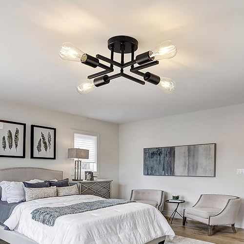 Miniatura 9 de Lámpara industrial de techo semiempotrada de 4 luces, moderna lámpara Sputnik de metal negro con base de bombilla E26 cerca de la luz de techo para
