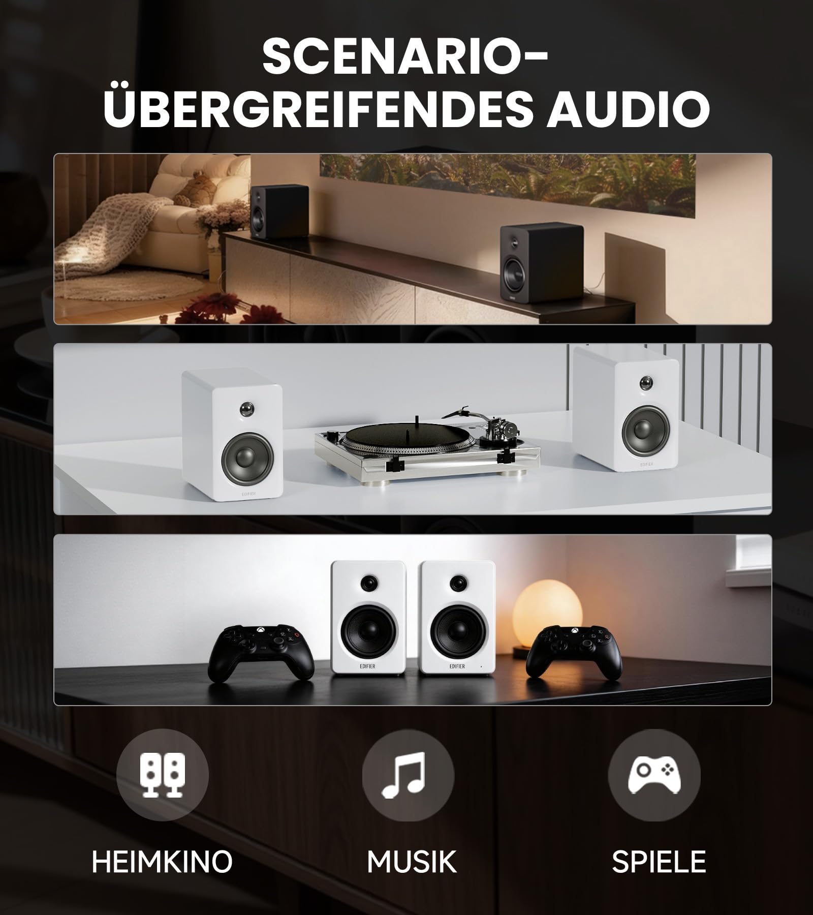 Edifier M90 Regal-Lautsprecher, 100 W RMS Desktop-Lautsprecher, Hi-Res-Audio, LDAC, Bluetooth 6.0, kompakter Lautsprecher, HDMI eARC/optischer/USB-C/AUX-Eingang, SUB Out, Aktivlautsprecher – Schwarz