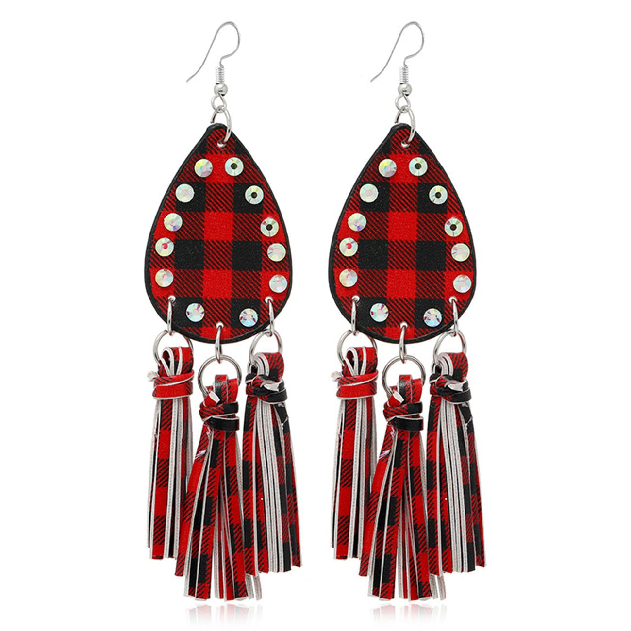 RWRAPS Damen-Ohrstecker-Set, Damen-Ohrstecker, Herren-Ohrstecker, runde Ohrstecker, Edelstahl-Ohrstecker, Leder-Quasten-Ohrringe, rot und schwarz kariert