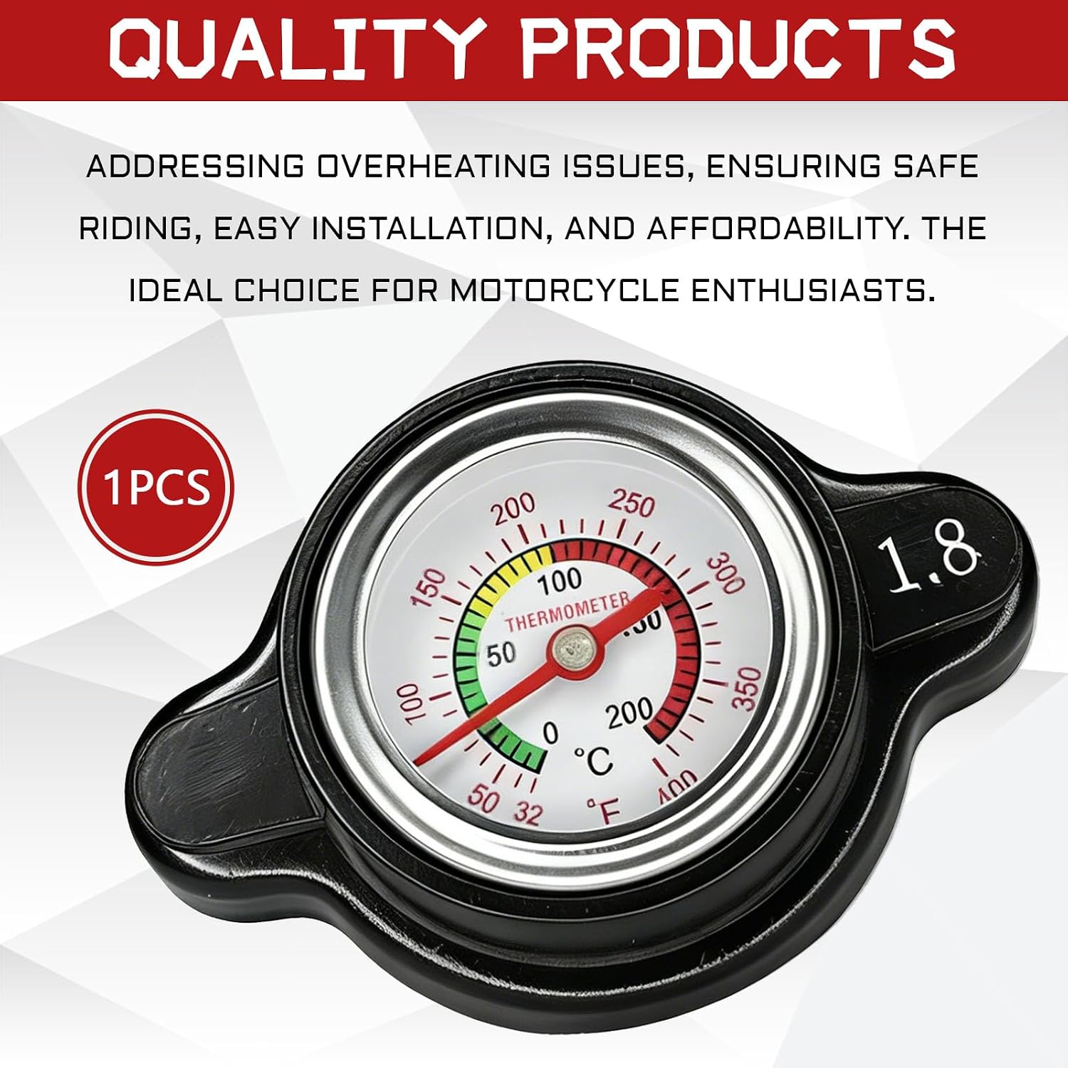 Radiator Cap High Pressure 1.8 Bar 25.6 PSI Durable Metal Leak-Proof Cooling System Radiator Cap Cover with Temperature Gauge Compatible with Honda, Yamaha, Kawasaki, Suzuki Motorcycles & ATVs
