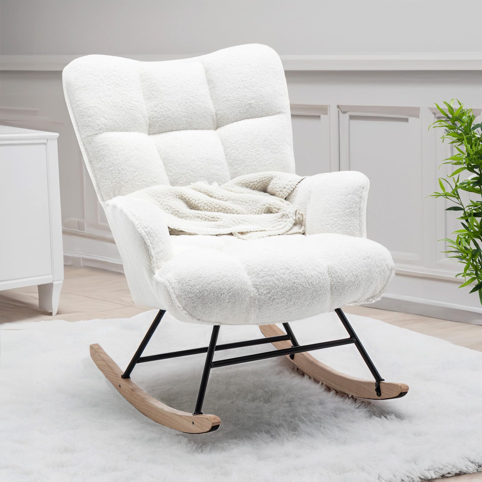 Nursery Rocking Chair Teddy, Upholstered Glider Rocker with High Backrest, Comfortable Stylish Accent Armchair with Padded Seat for Living Rooms, Bedrooms, White