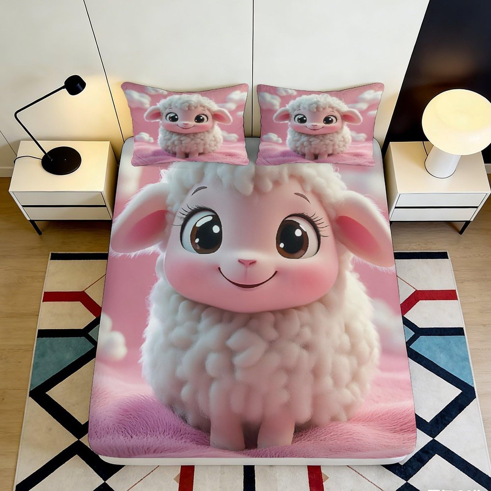 3D Printed Cute Lamb Fitted Sheet Microfiber Pink Cartoon Sheep Mattress Cover Non-Slip Easy Care for Bedroom Guest Room 160x200x25cm