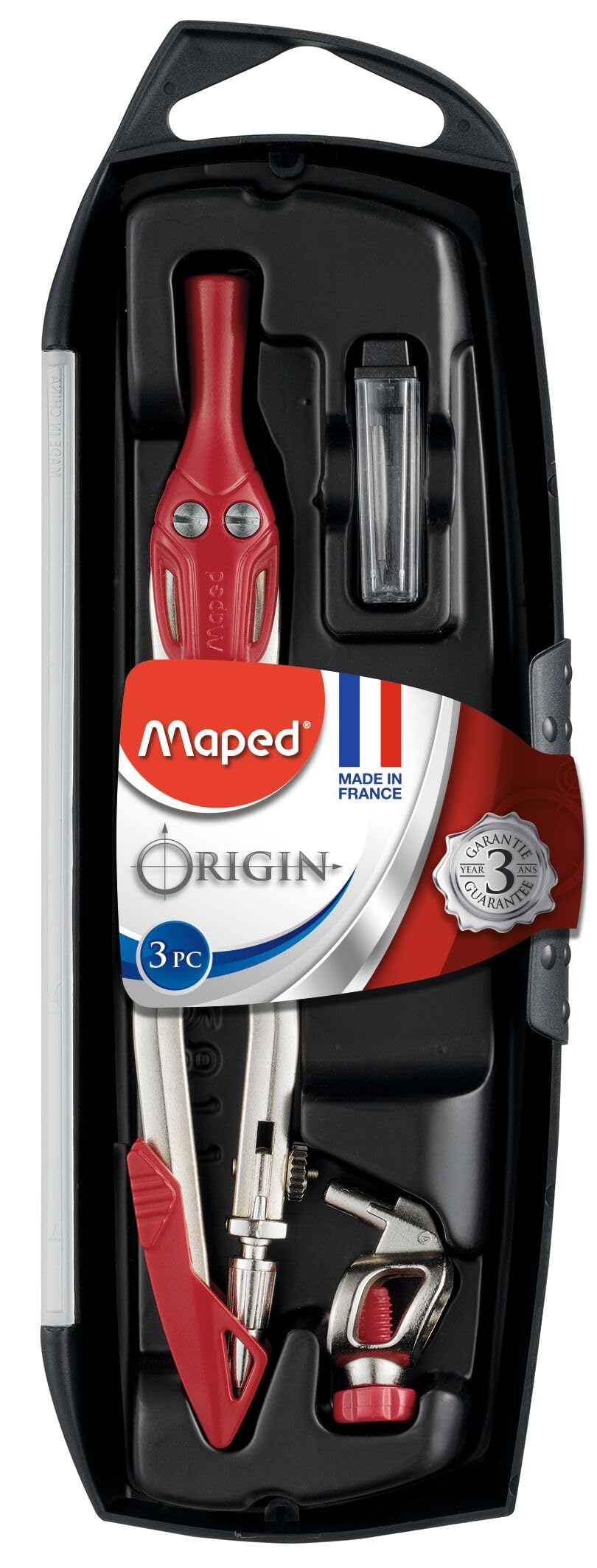 Maped Coffret Origin 3 Pièces Compas Scolaire Bague Universelle Étui-Mines Branches Acier