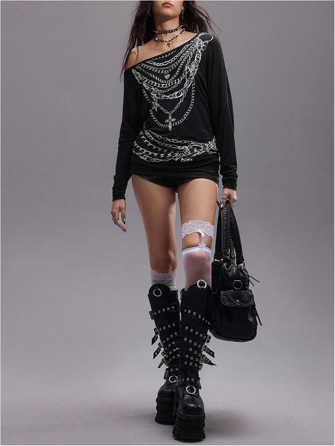 MakeMeChic Women's Y2K Punk Tees Long Sleeve Asymmetrical One Shoulder Fitted Tops - Image 4