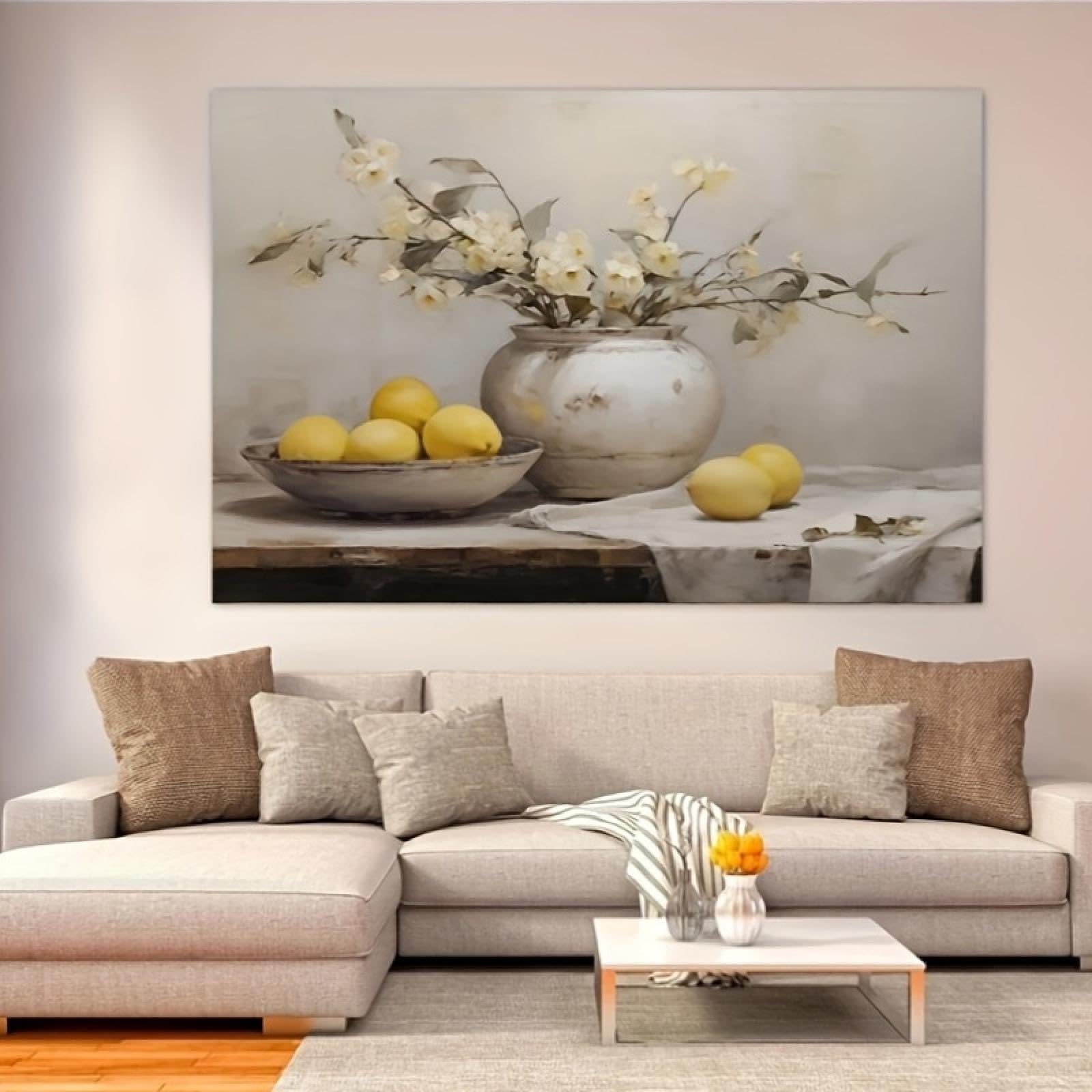 Impression sur toile grand format décoration murale salon fleurs citrons - 8