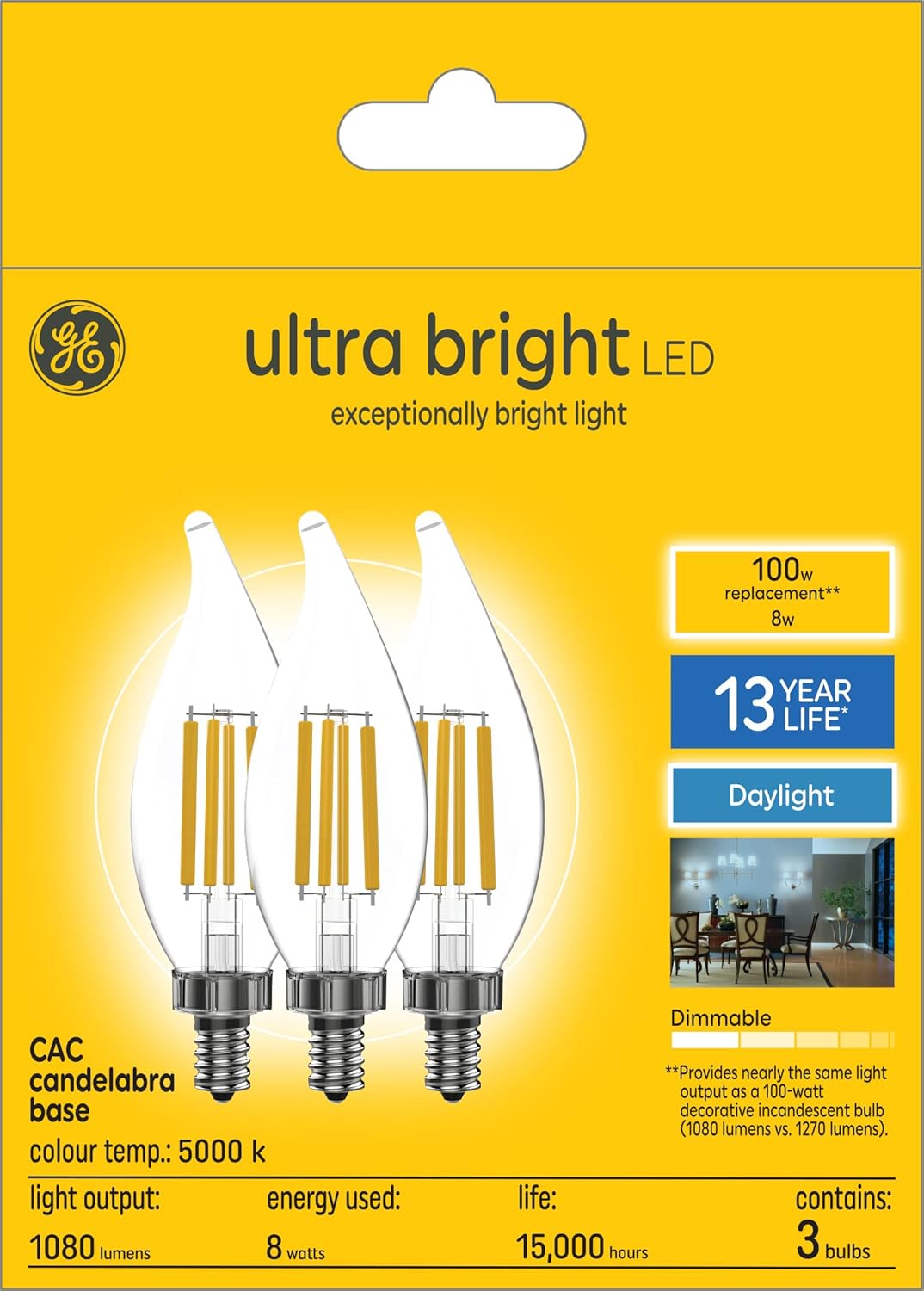 GE Ultra Bright Daylight 100W Replacement LED CAC Decorative Candelabra