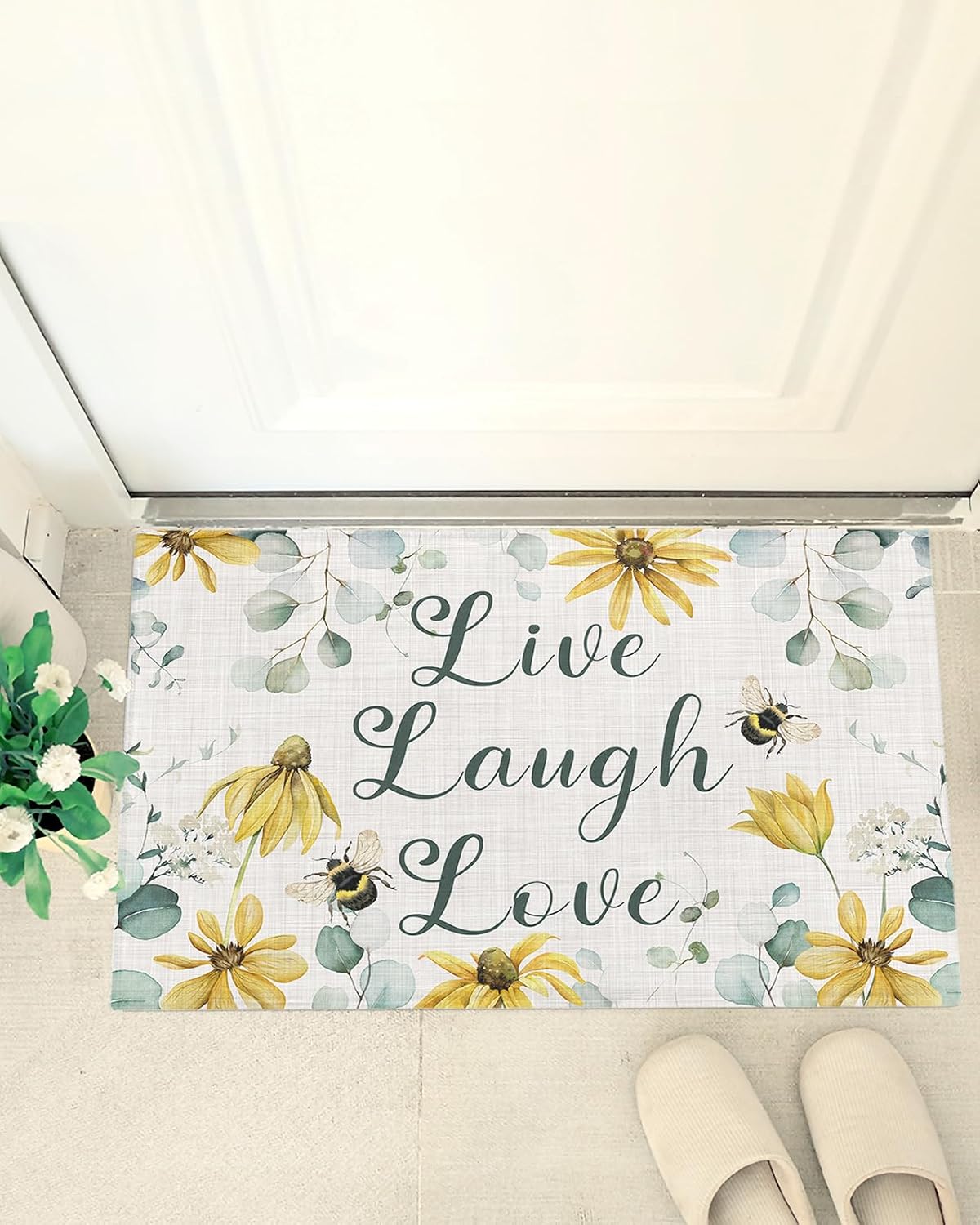 Shag Door Mats Bath Rugs Retro Yellow Daisy Eucalyptus Leaf,Soft Fluffy Doormats Non Slip Carpet Pastoral Farm Plant Linen,Shaggy Fuzzy Area Throw Rug for Kitchen/Bathroom/Bedroom/Living Room 16x24In