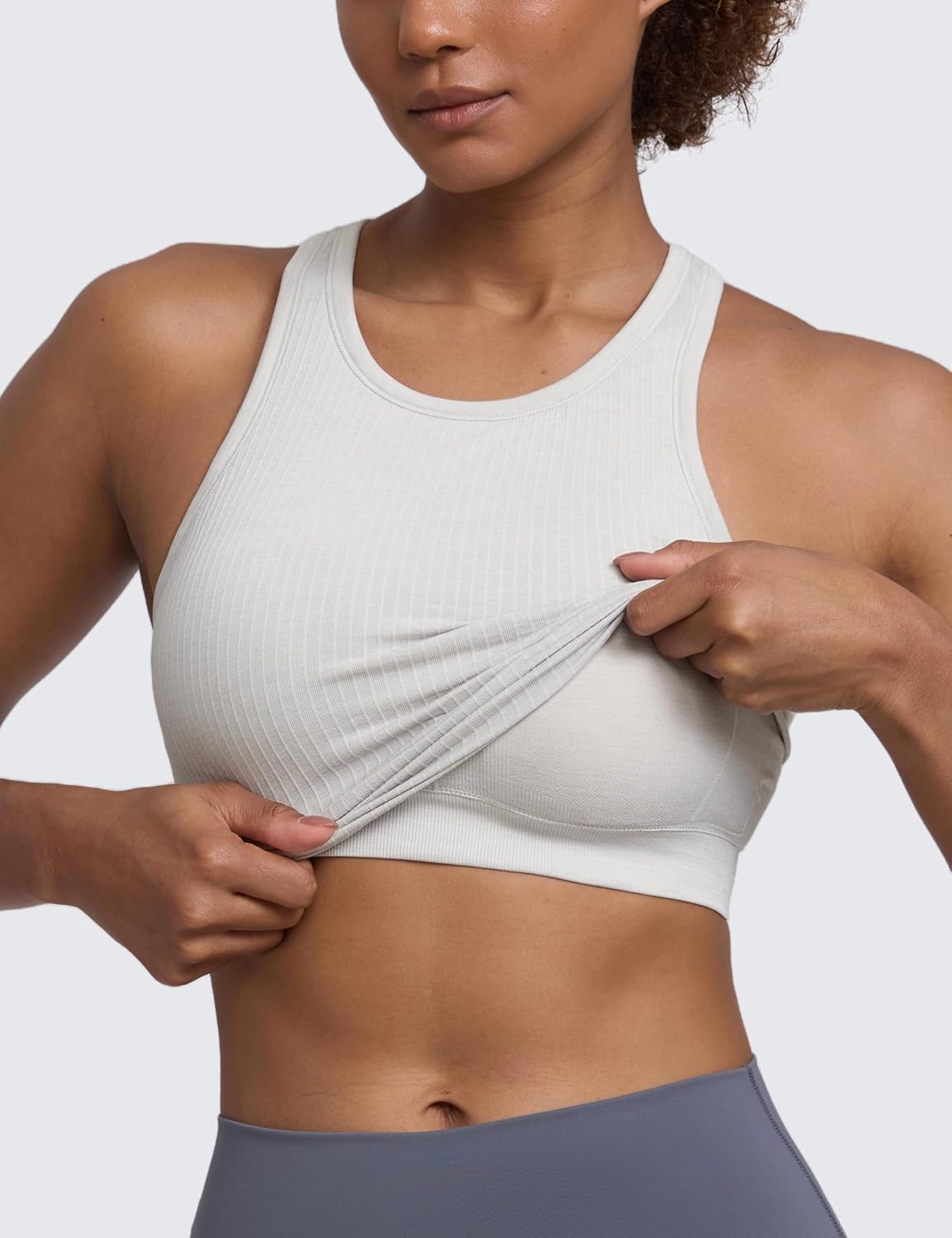 CRZ YOGA Seamless Ribbed High Neck Tank Top for Women - Sleeveless Crop Yoga Workout Shirt with Built in Bra