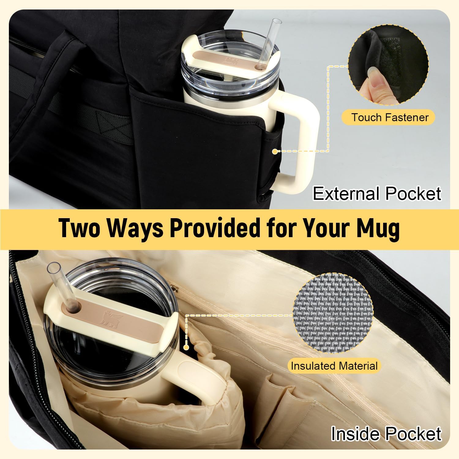 Puffer Tote Bag with Large Cup Holder& 15.6 Inch Laptop Compartment, Lightweight Puffy Work Bag with Water Bottle Pocket, Large Laptop Tote with Clutch Purse for Women Teacher Nurse (Black) - Image 9