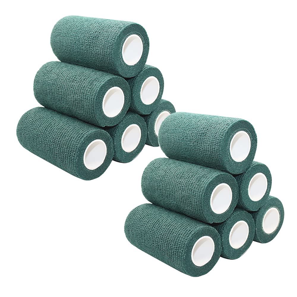 MINGYUE Bandaż Samoprzylepny,Bandaże Spoiste[12 rolek-10cm x 4,5 m] na zwichnięcie,obrzęk i ból w nadgarstku i kostce｜taśma owijana urazy dla psów -oddychająca,nie przyklejaj się do futra(Ciemnozielony)