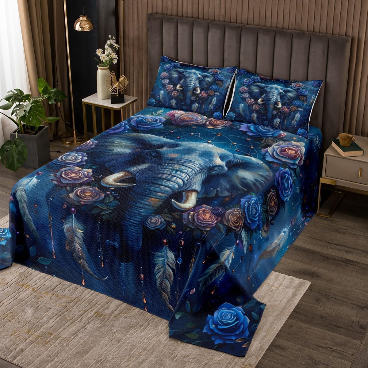 Erosebridal Elephant Quilt Set Dream Catchers Coverlet Set,Boho Flowers Feather Bedspread Set Queen,Safari Animals Quilted,Exotic Bohemian Decor