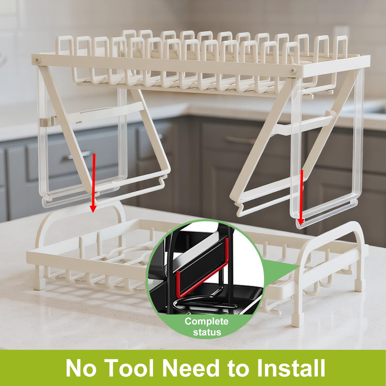 Escurridor de platos de metal resistente de 2 niveles con superficie de drenaje y soporte de silicona – Nizador de cocina para platos, tazas, botellas, utensilios – Ahorro de espacio, duradero y fácil