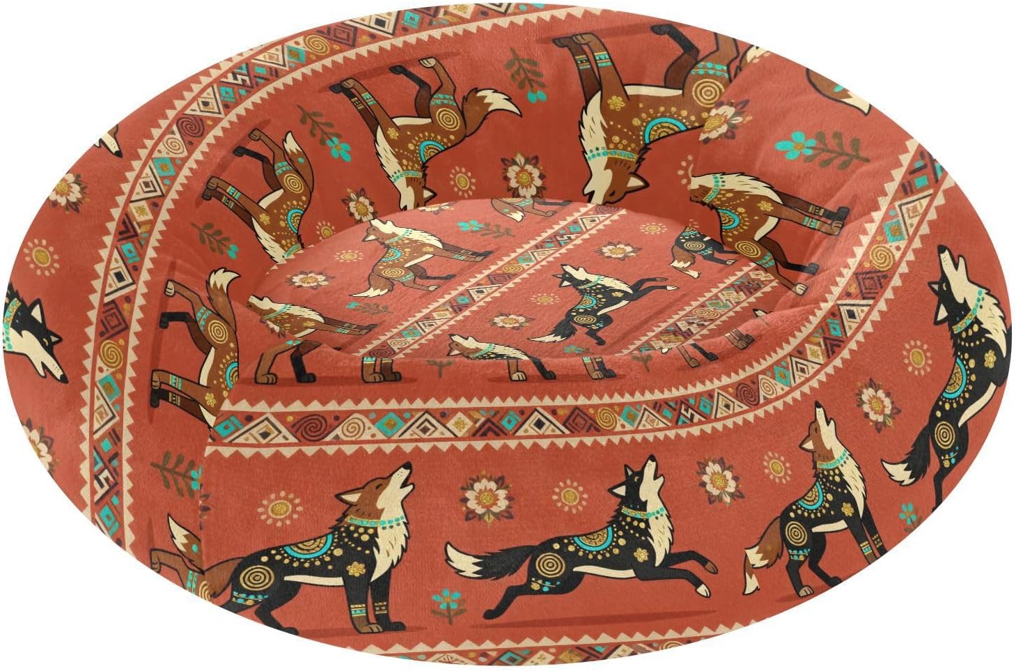 Wudan Pet Cat Beds Donut Cuddler Fluffy Dog Pillow Bed for Small Size Pets Supplies M Ethnic Wolf Art