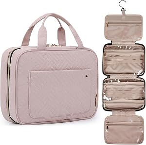 BAGSMART Toiletry Bag Travel Bag with Hanging Hook, Water-Resistant Makeup Cosmetic Bag Travel Organizer for Accessories, Shampoo, Full-Size Container, Toiletries (Baby Pink, Medium)