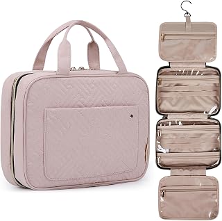 BAGSMART Hanging Toiletry Bag - Water-Resistant Travel Organizer with 360° Swivel Hook for Makeup, Toiletries & Full-Size Bottles (Baby Pink, Medium)