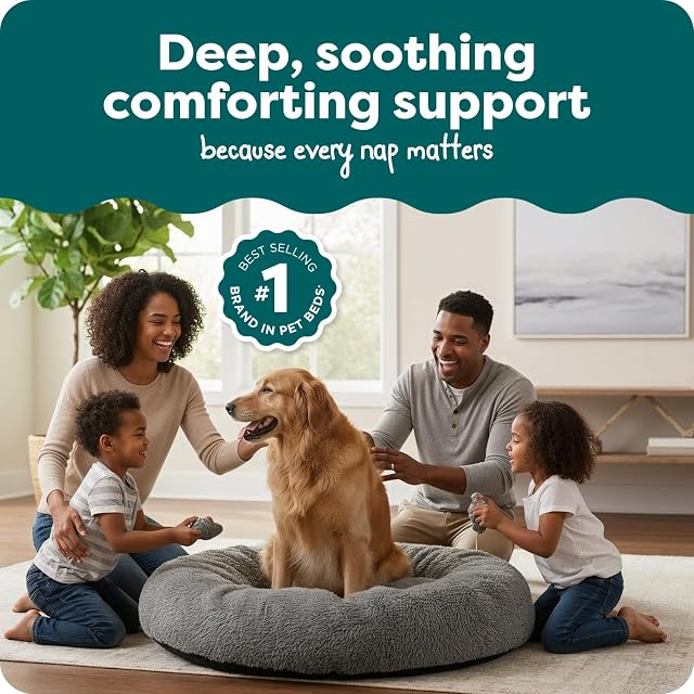 Foto 2 de 8 de Furhaven 45" Round XL Donut Dog Bed Plush Long Faux Fur Calming Cuddler w/Removable Washable Cover