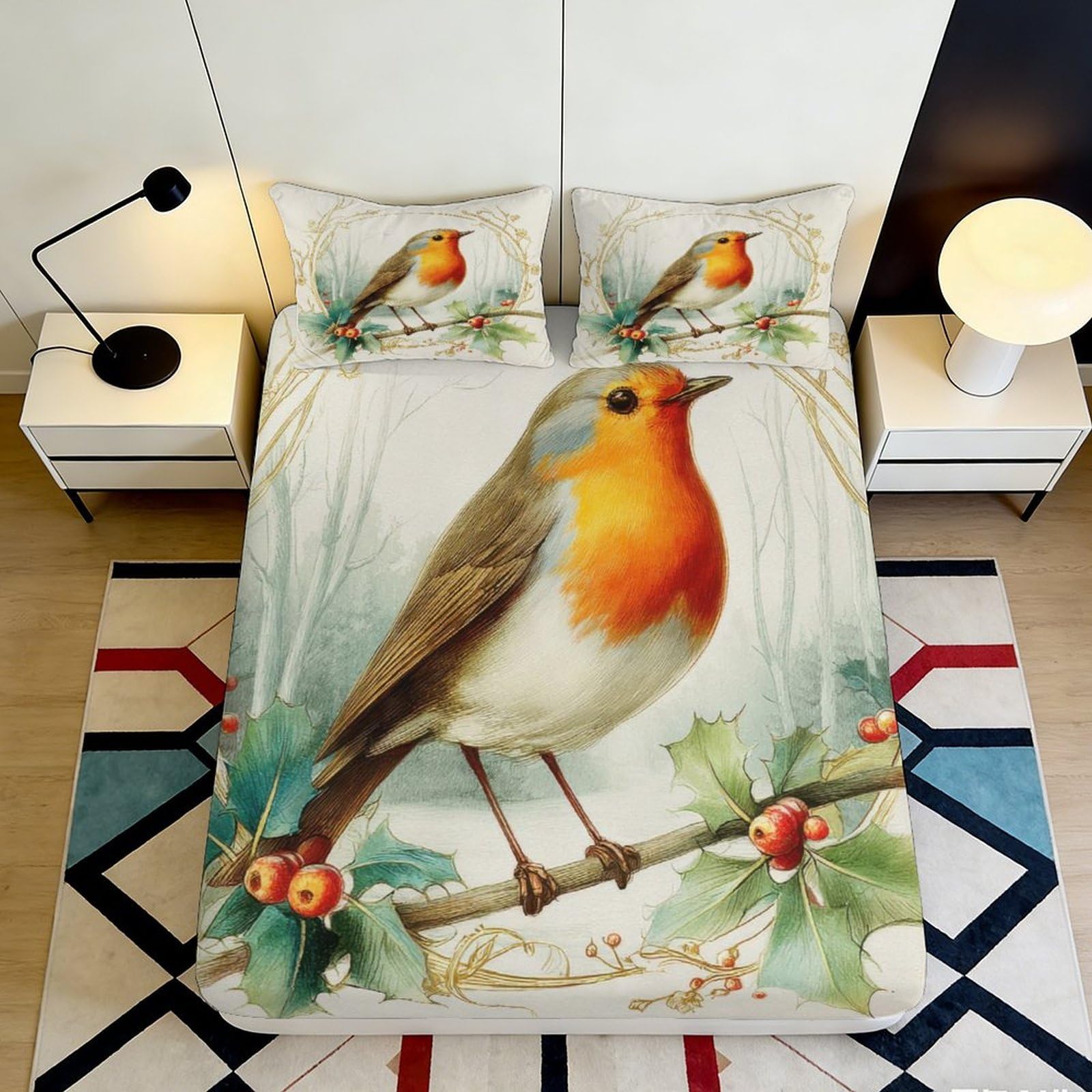 3D Printed Robin Bird Fitted Sheet Microfiber Soft Decorative Holly Branch Bed Cover for Bedroom Guest Room Dorm 90x200x25cm