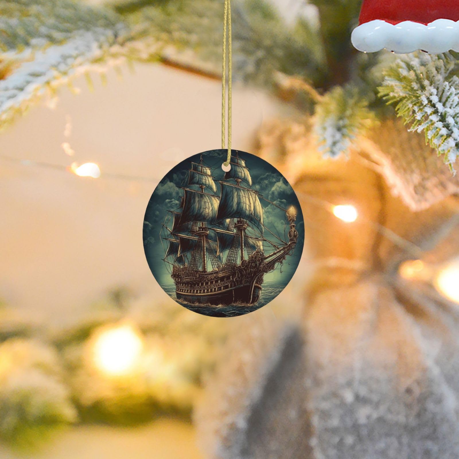 Christmas Tree Ornaments Ceramics Christmas Round Decoration Sailing Pirate Ship Ceramics Ornaments Circle Pentagram Xmas Tree Hanging Pendant for Christmas Tree Party Holiday Home Decor