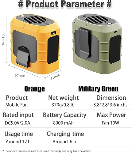 Miniatura 9 de Ventilador personal portátil con clip de cintura, recargable por USB, batería de 8000 mAh anti-caída Powerbank y LED 3 en 1, enfriador de cuello de