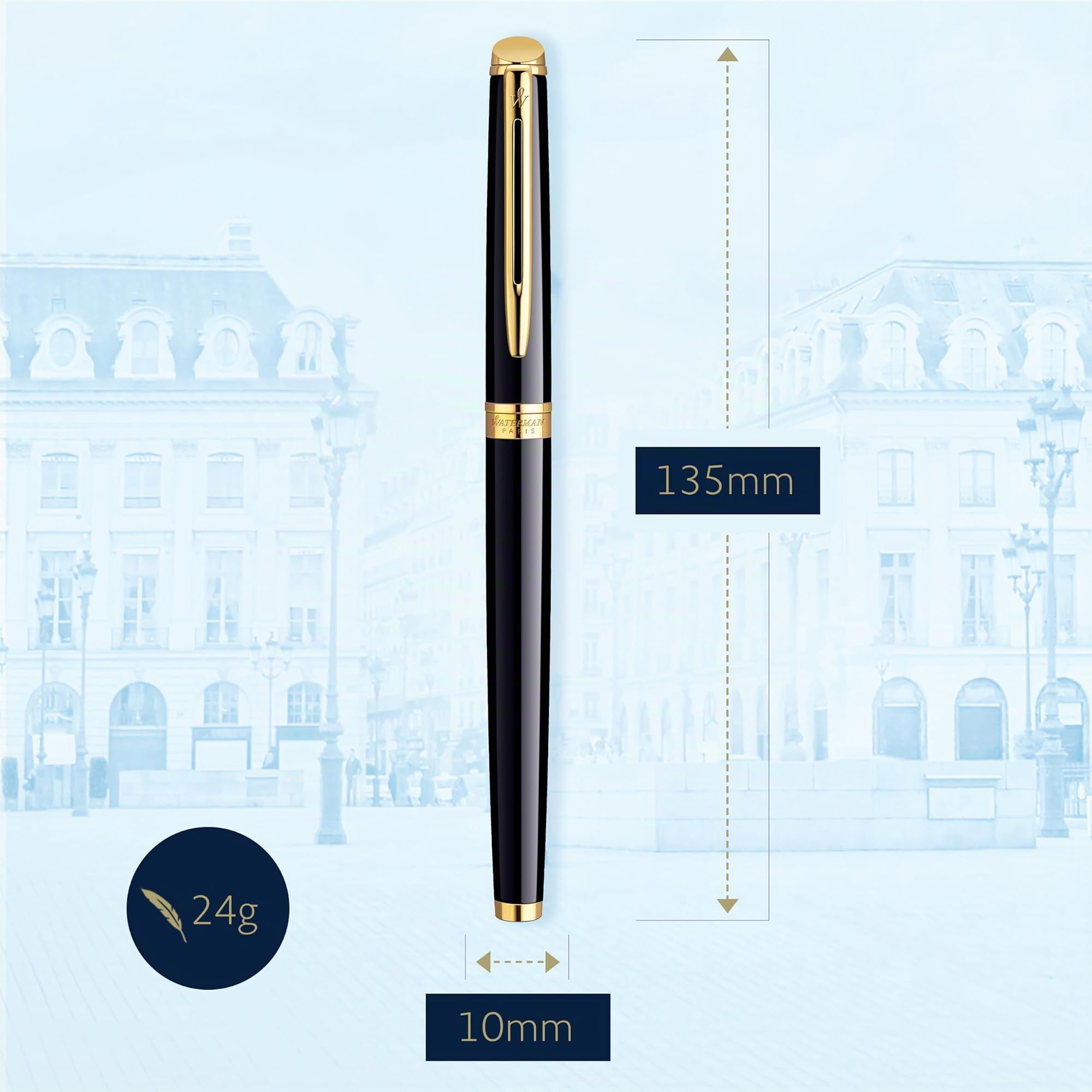 Waterman Hémisphère pluma estilográfica | color negro brillante con adorno de oro de 23 quilates | plumín mediano con cartucho de tinta azul | estuche de regalo
