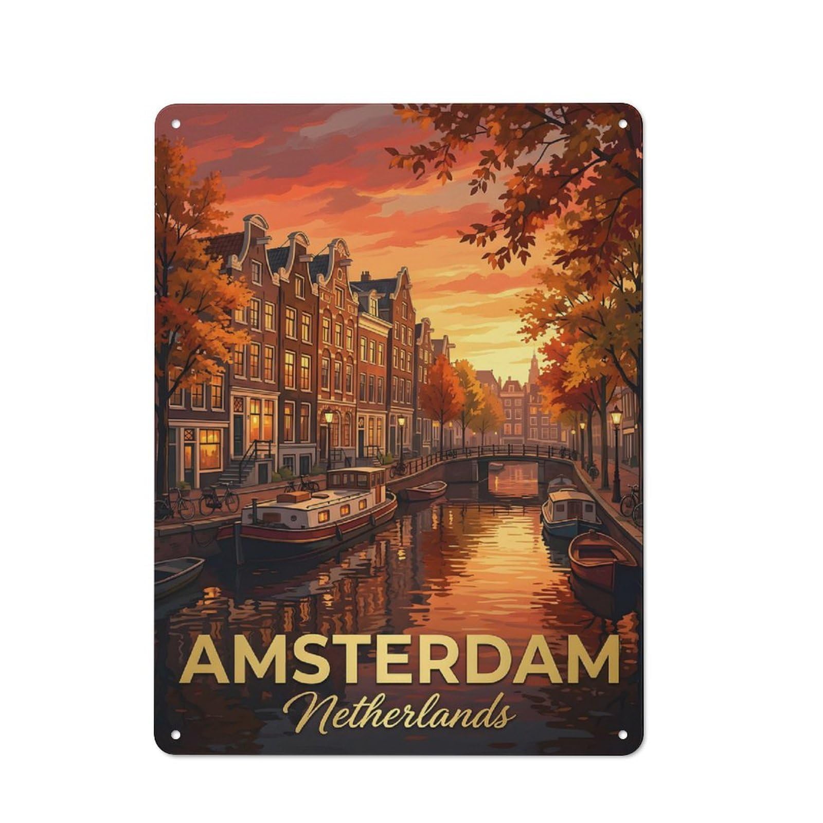 Junmoney Style-17 Tin Wall Plaque 40X30cm With Amsterdam Canal At Sunset For Hallway Wall, A Decorative Metal Sign For Hallways And Entrance Areas