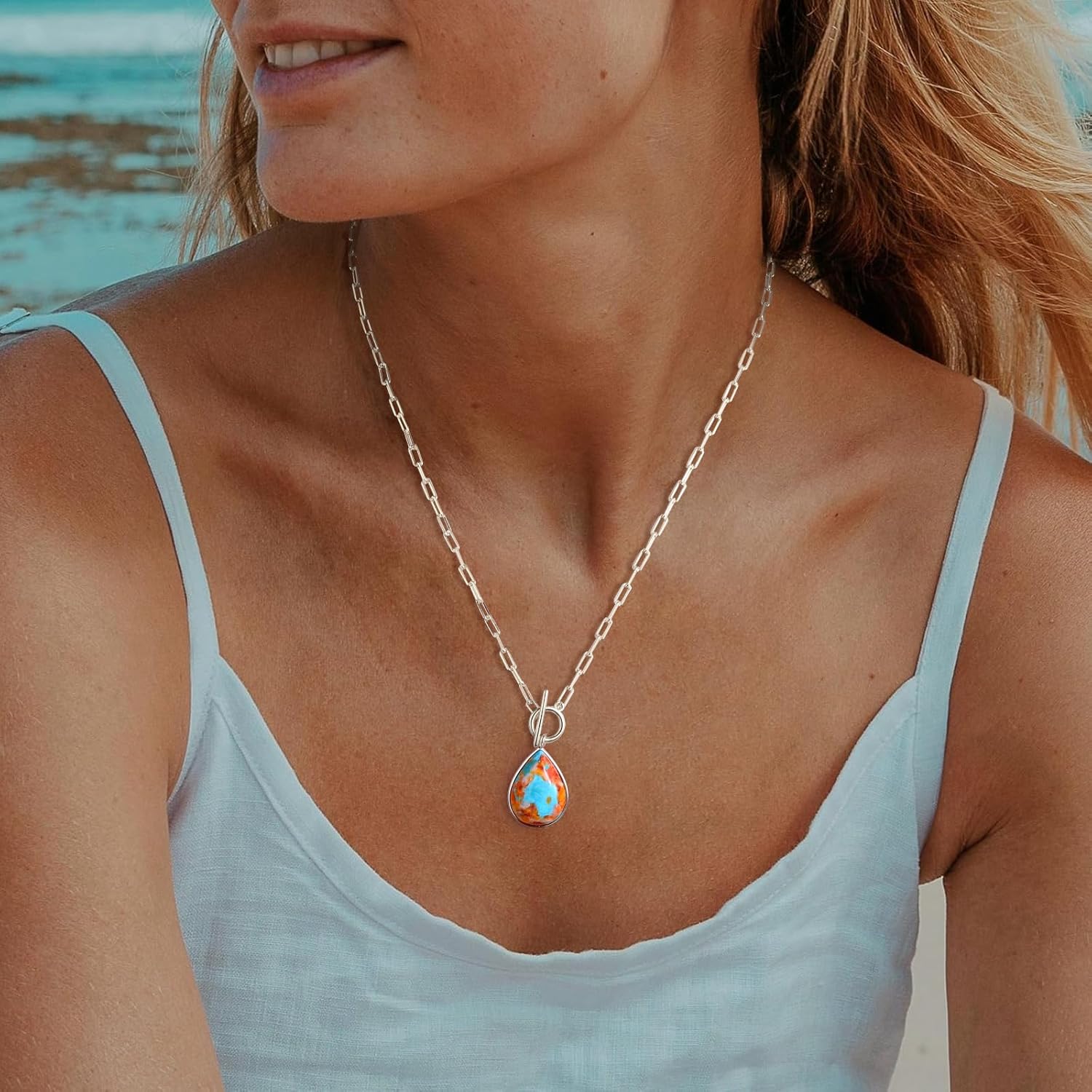 AIBAO Natural Turquoise/Coral/Lapis Lazuli/Malachite Necklaces for Women Sterling Silver Gemstone Toggle Necklace Western Boho Jewelry - Image 7