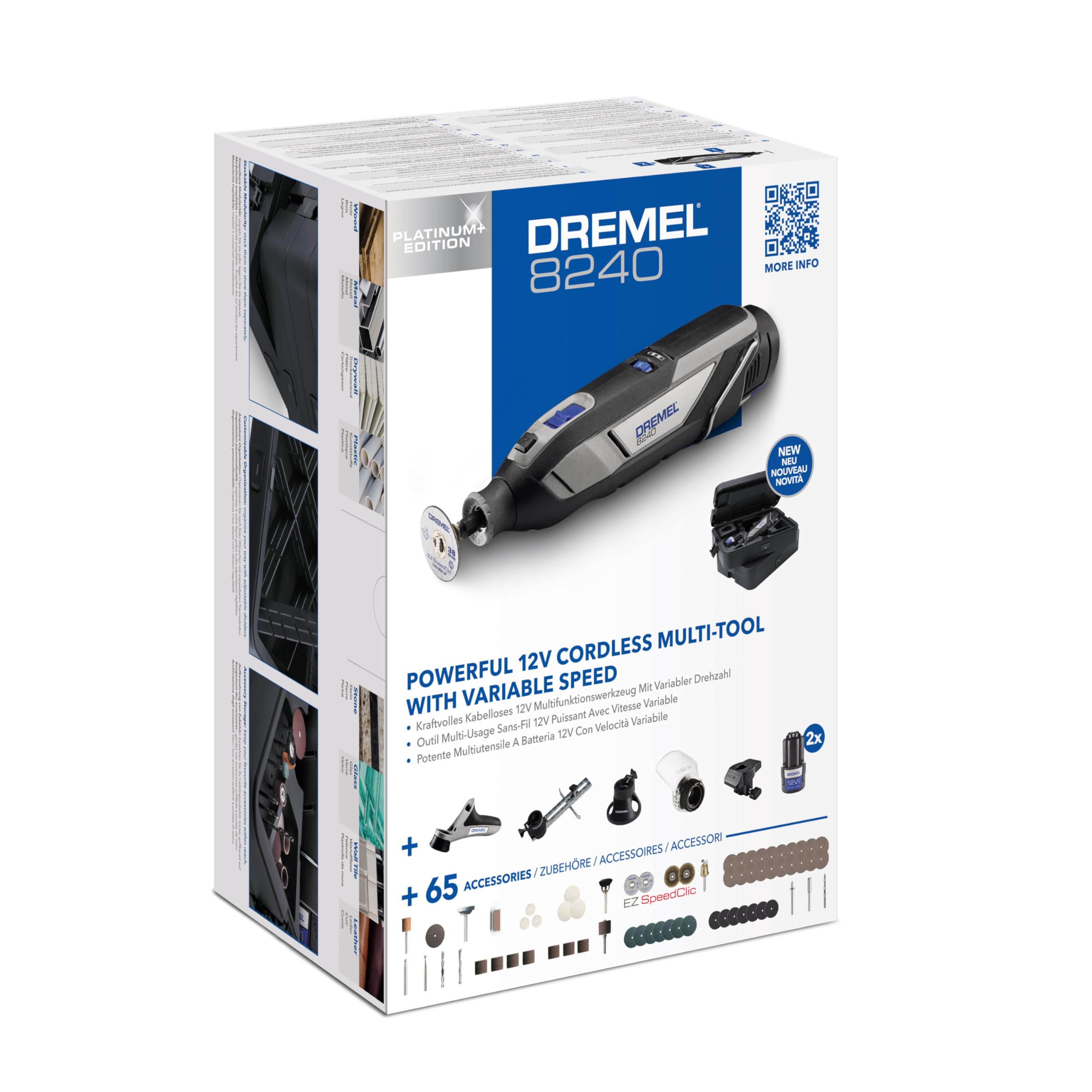 Dremel 8240 Akku-Multitool 12V 2Ah Set mit 2 Akkus, 5 Aufsätzen, 65 Zubehören