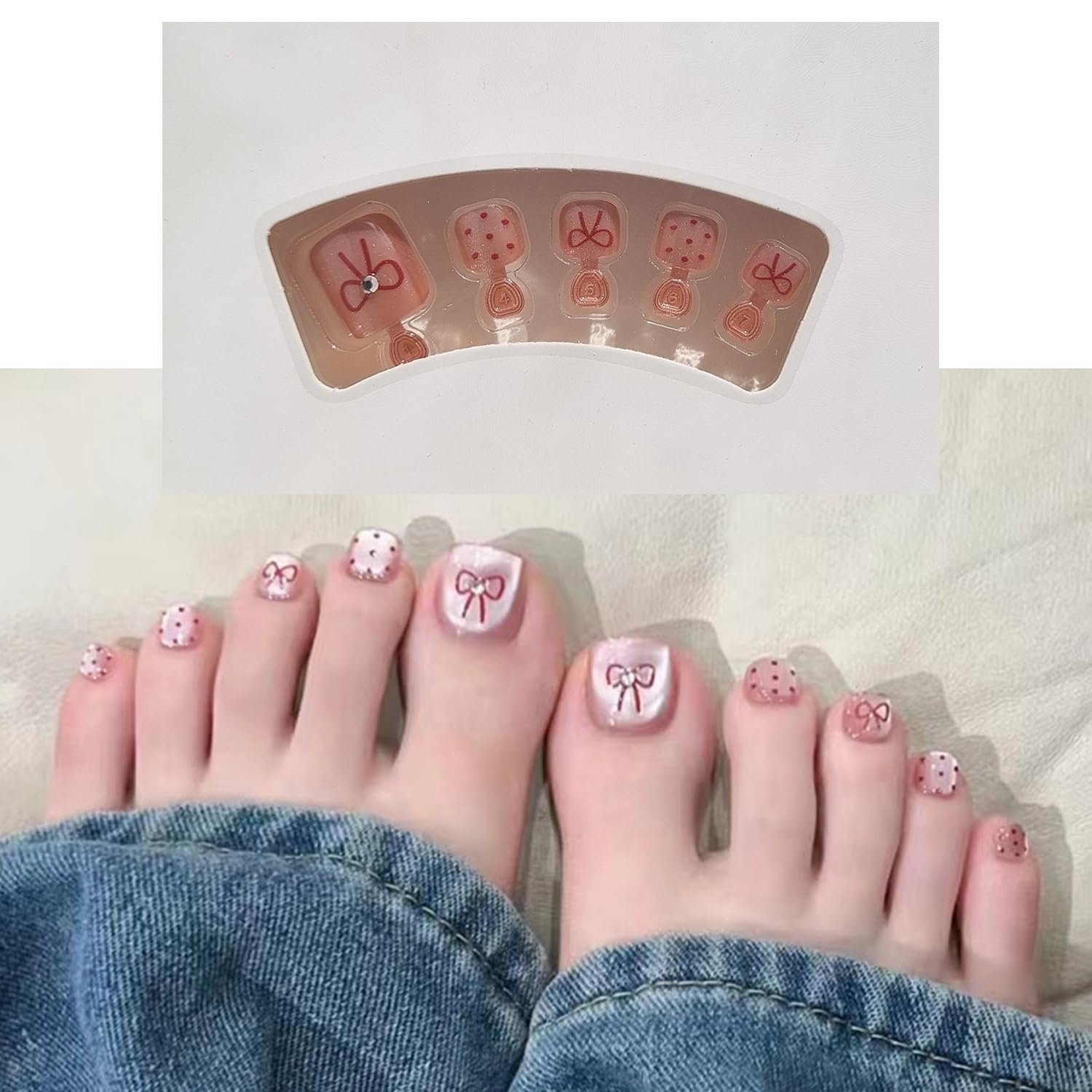 S.A.V.I Pink Cat Eye Press-On Toenails for Women, Short Natural Square Shape, Glossy Bow & Polka Dot Design, Reusable Artificial Toe Nails, 24 Pcs Kit with Glue & Adhesive Tabs-image-26