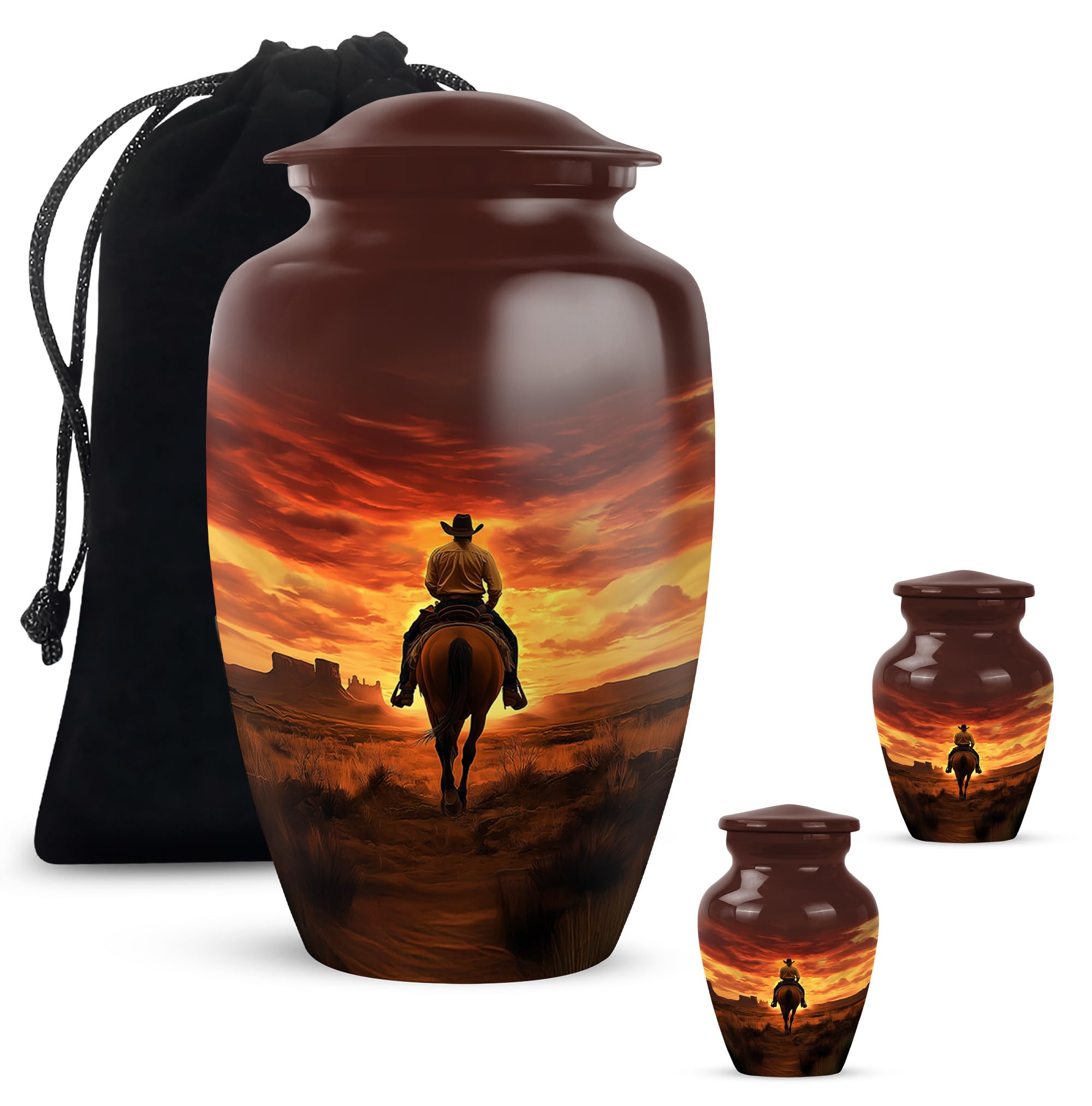 Cowboy Urn - Large &amp; Small Urns for Human Ashes Adult Male - Urn for Ashes for Women - Mini Urns for Human Ashes (Combo - 10" &amp; 3", 3 Pcs)
