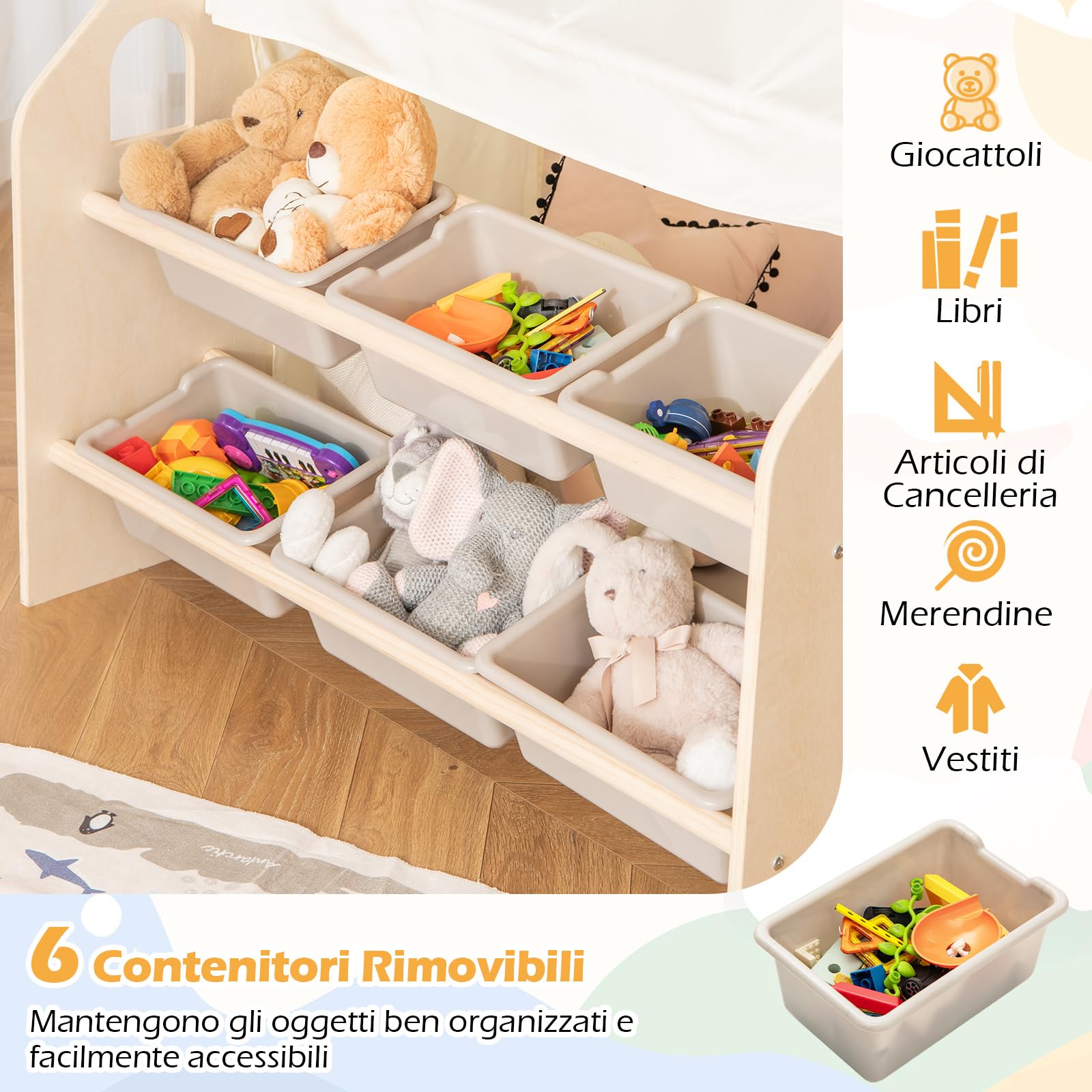 RELAX4LIFE 6 in 1 Tenda per Bambini con Casetta in Legno, Tavolino, Seida, Lavagna, 6 Scatole Portaghiochi, Tapettino Rimovibile, Per Cameretta, Asilo