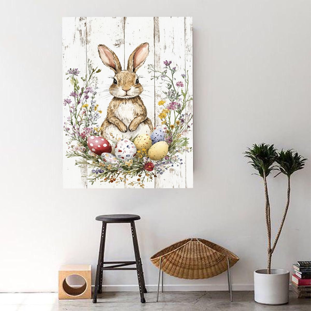 Wielkanocny królik uroczy królik wielkanocny jajka wielkanocne rustykalny obraz na płótnie vintage dekoracja domu na Boże Narodzenie wiosna dekoracje 65 x 100 cm rama wewnętrzna