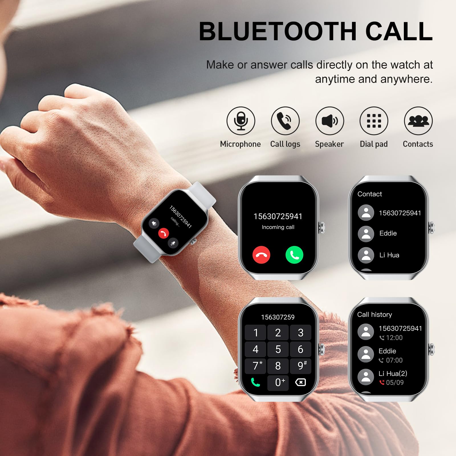 Smartwatch Uomo Donna,1.96" Orologio Smartwatch con Effettua/Risposta Chiamate,113+Sportive Smart Watch con Contapassi/24H Sonno Cardiofrequenzimetro, Impermeabil IP68,Tracker per Android iOS Silver