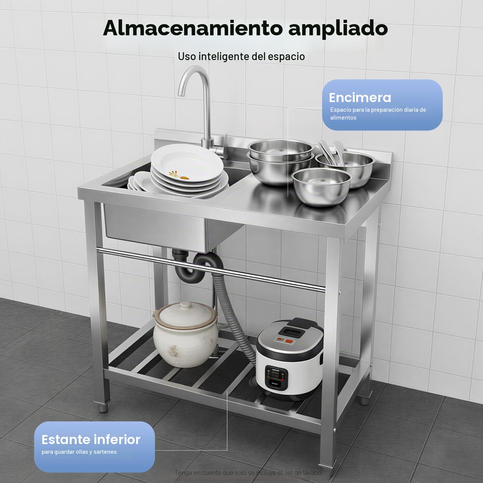 Fregadero de cocina independiente, 80 x 55 x 84 cm, con grifo, dispositivo de drenaje, de acero inoxidable, patas regulables, longitud: fregadero, para restaurante, comercial, exterior, interior