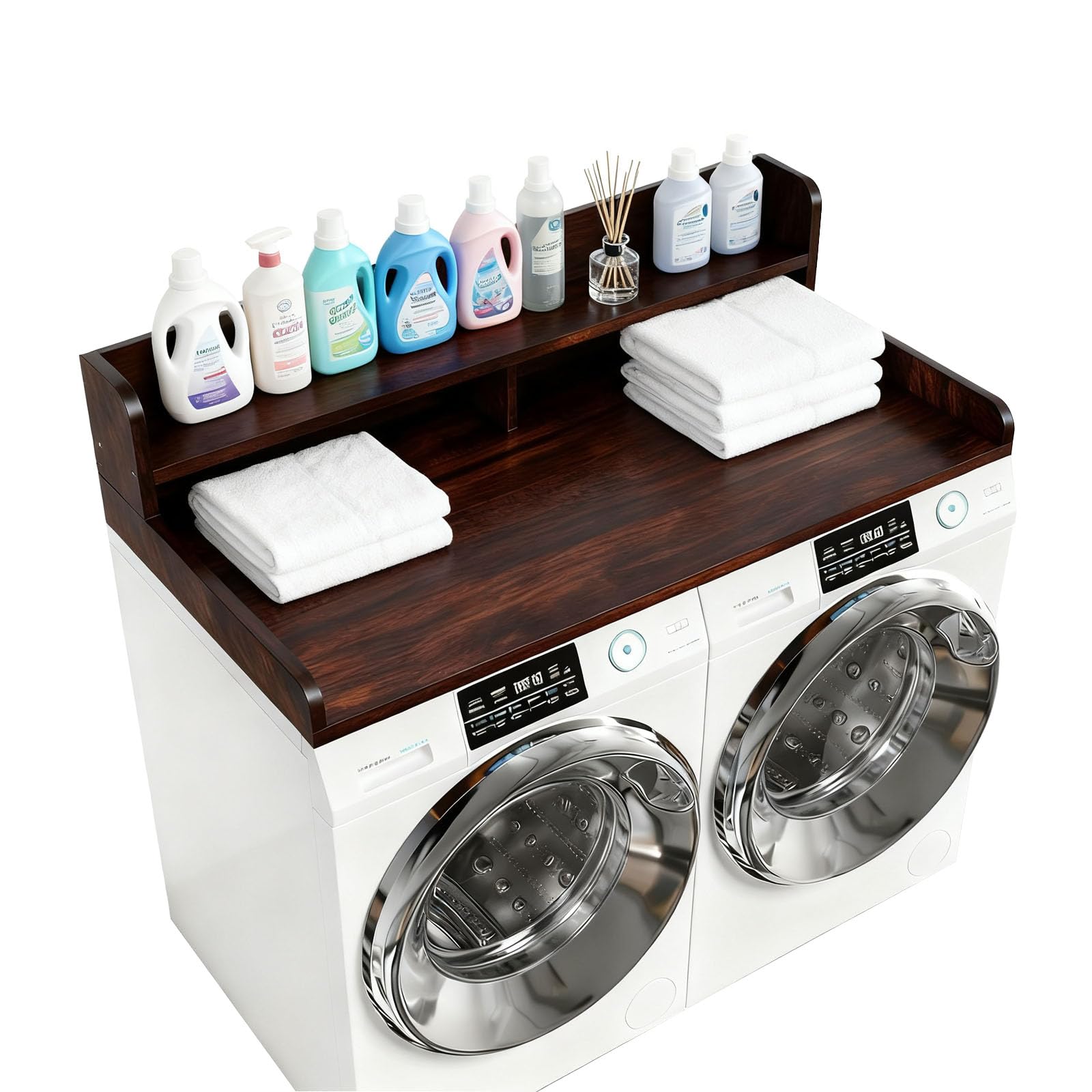 Washer Dryer countertop Wood Washer Dryer countertops 2 Tier Laundry Counter Over Washer and Dryer with Shelf top for Washer and Dryer to fold Clothes,Dark Walnut,L54×W27.5×H12